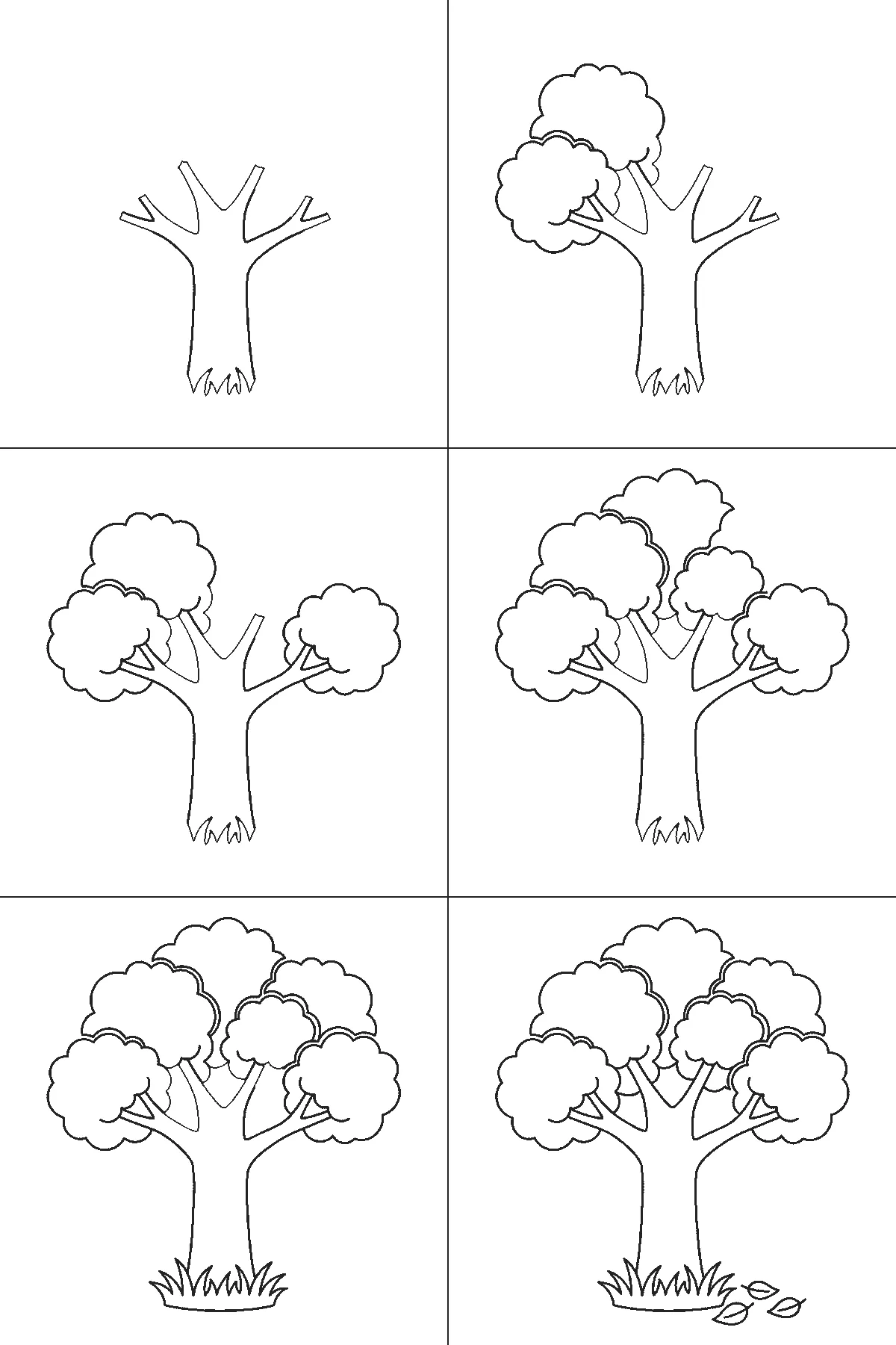 Scheda di disegno passo passo: un albero dalla chioma folta, con un tronco spesso che si dirama verso l'alto, cinque ciuffi di fogliame arrotondati, un ciuffo d'erba alla base e tre foglie cadute accanto ad esso, contorni neri su bianco.