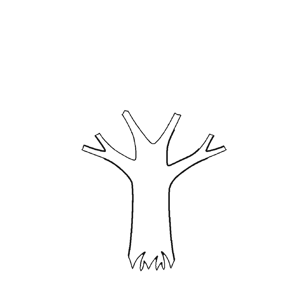 Passo 1 di 6: Scheda di disegno passo passo: un albero dalla chioma folta, con un tronco spesso che si dirama verso l'alto, cinque ciuffi di fogliame arrotondati, un ciuffo d'erba alla base e tre foglie cadute accanto ad esso, contorni neri su bianco.