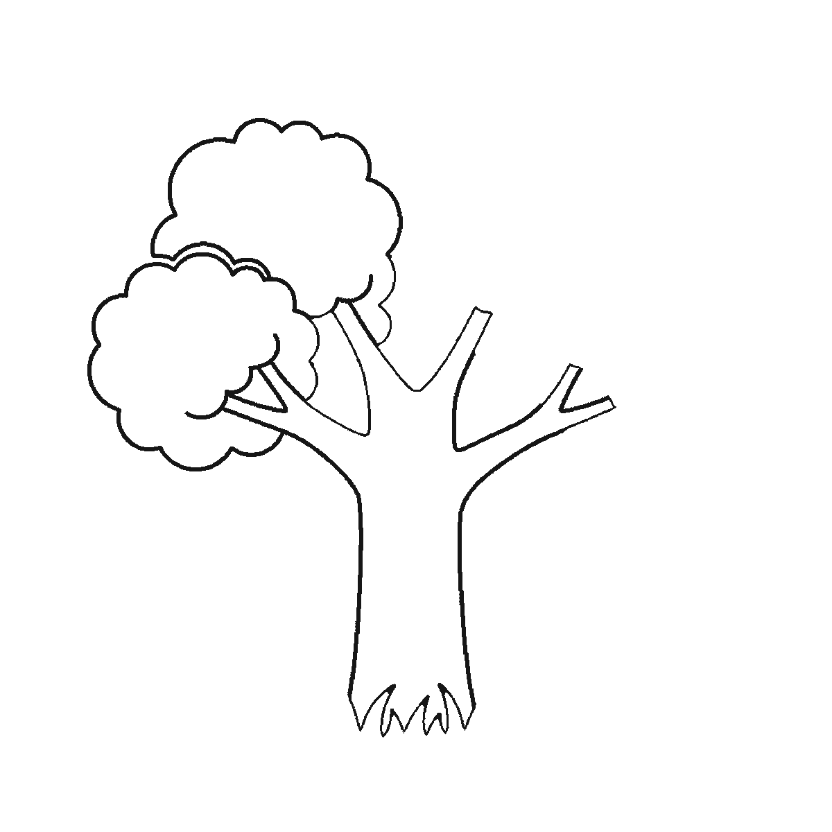 Passo 2 di 6: Scheda di disegno passo passo: un albero dalla chioma folta, con un tronco spesso che si dirama verso l'alto, cinque ciuffi di fogliame arrotondati, un ciuffo d'erba alla base e tre foglie cadute accanto ad esso, contorni neri su bianco.