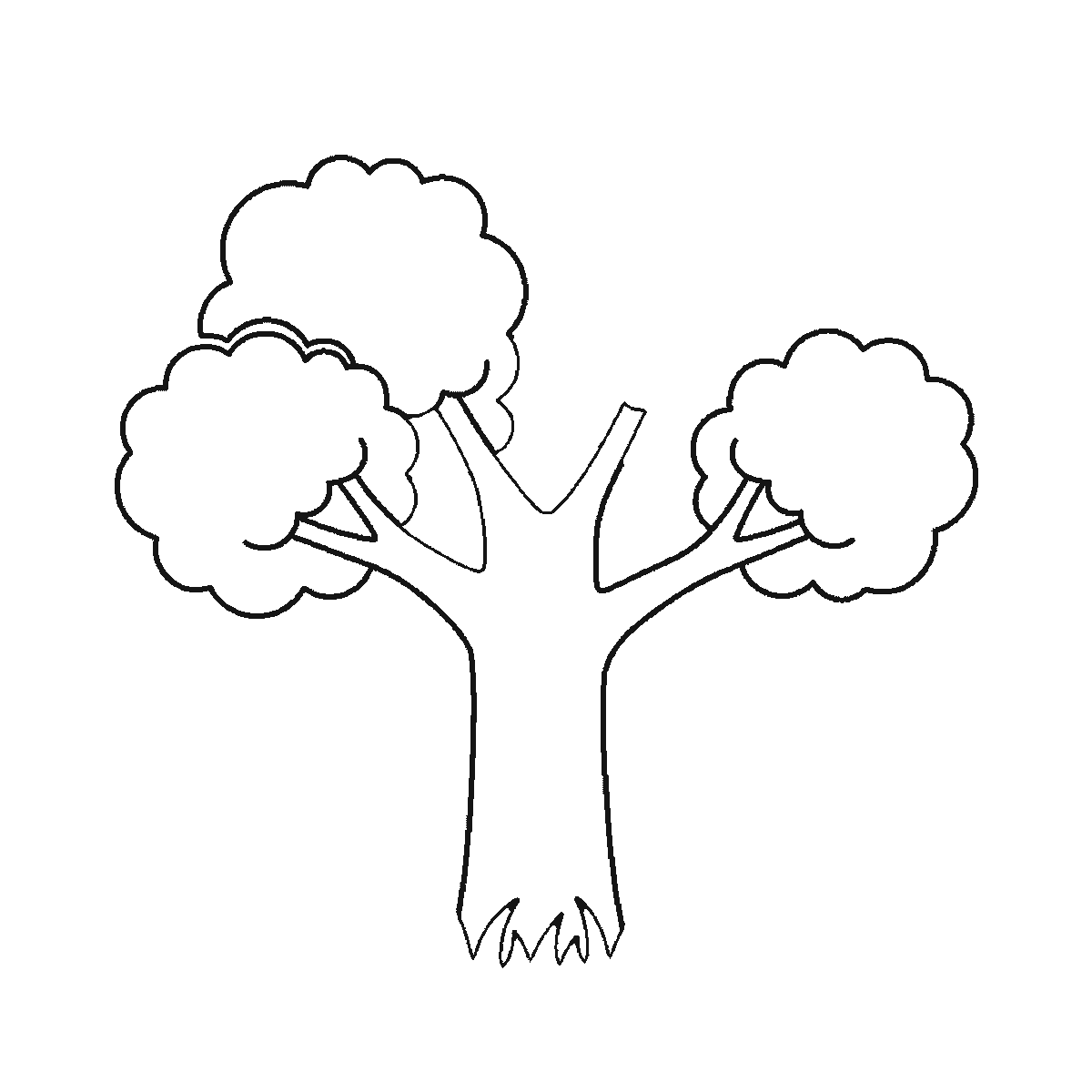 Passo 3 di 6: Scheda di disegno passo passo: un albero dalla chioma folta, con un tronco spesso che si dirama verso l'alto, cinque ciuffi di fogliame arrotondati, un ciuffo d'erba alla base e tre foglie cadute accanto ad esso, contorni neri su bianco.
