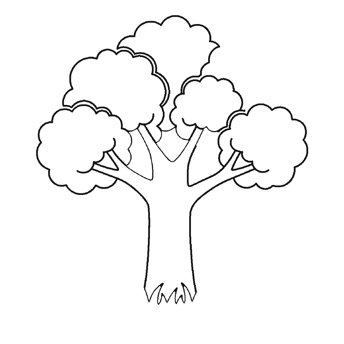 Passo 4 di 6: Scheda di disegno passo passo: un albero dalla chioma folta, con un tronco spesso che si dirama verso l'alto, cinque ciuffi di fogliame arrotondati, un ciuffo d'erba alla base e tre foglie cadute accanto ad esso, contorni neri su bianco.