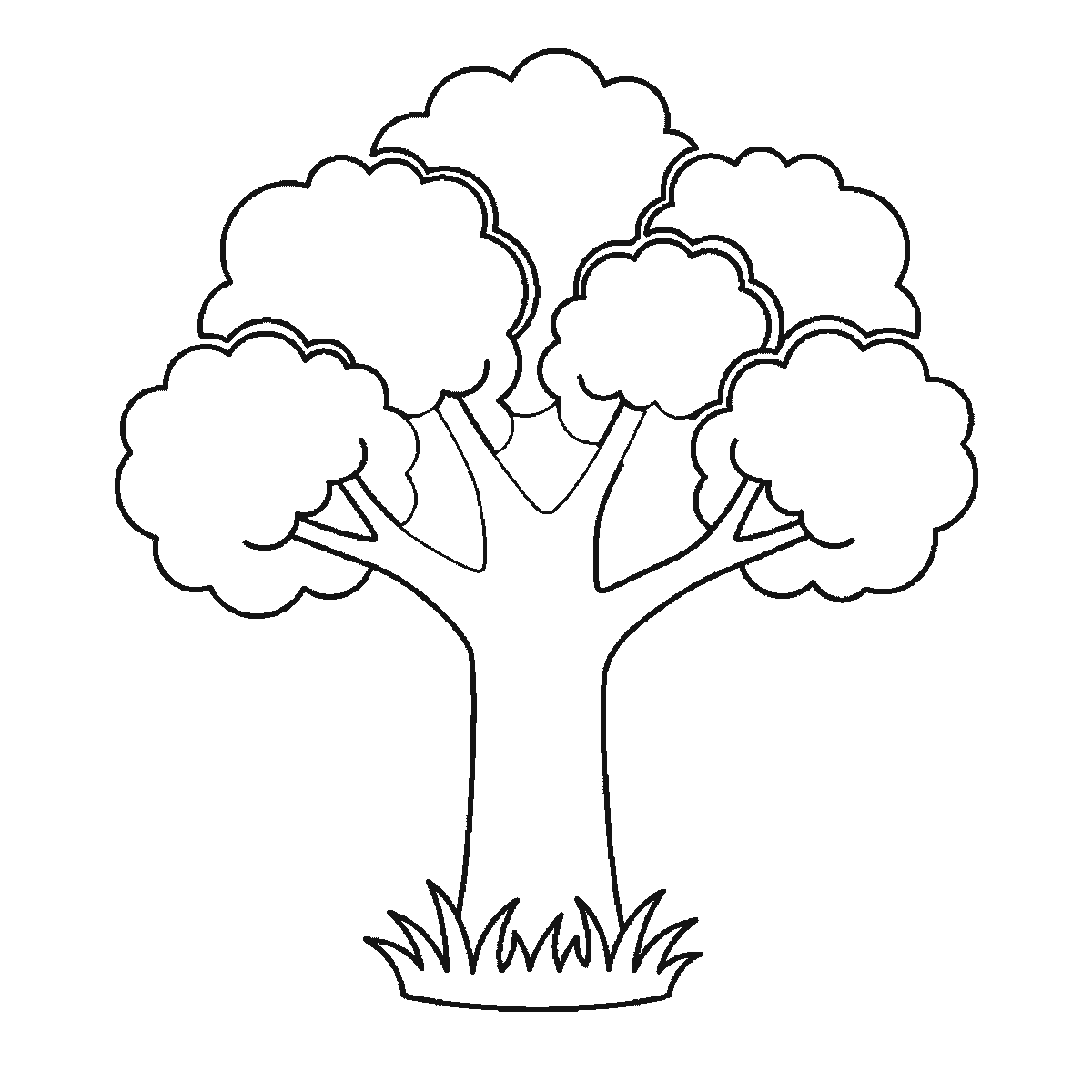 Passo 5 di 6: Scheda di disegno passo passo: un albero dalla chioma folta, con un tronco spesso che si dirama verso l'alto, cinque ciuffi di fogliame arrotondati, un ciuffo d'erba alla base e tre foglie cadute accanto ad esso, contorni neri su bianco.