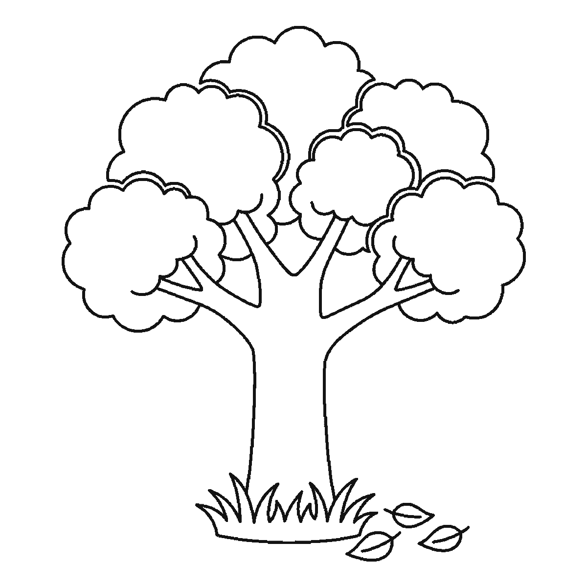Passo 6 di 6: Scheda di disegno passo passo: un albero dalla chioma folta, con un tronco spesso che si dirama verso l'alto, cinque ciuffi di fogliame arrotondati, un ciuffo d'erba alla base e tre foglie cadute accanto ad esso, contorni neri su bianco.