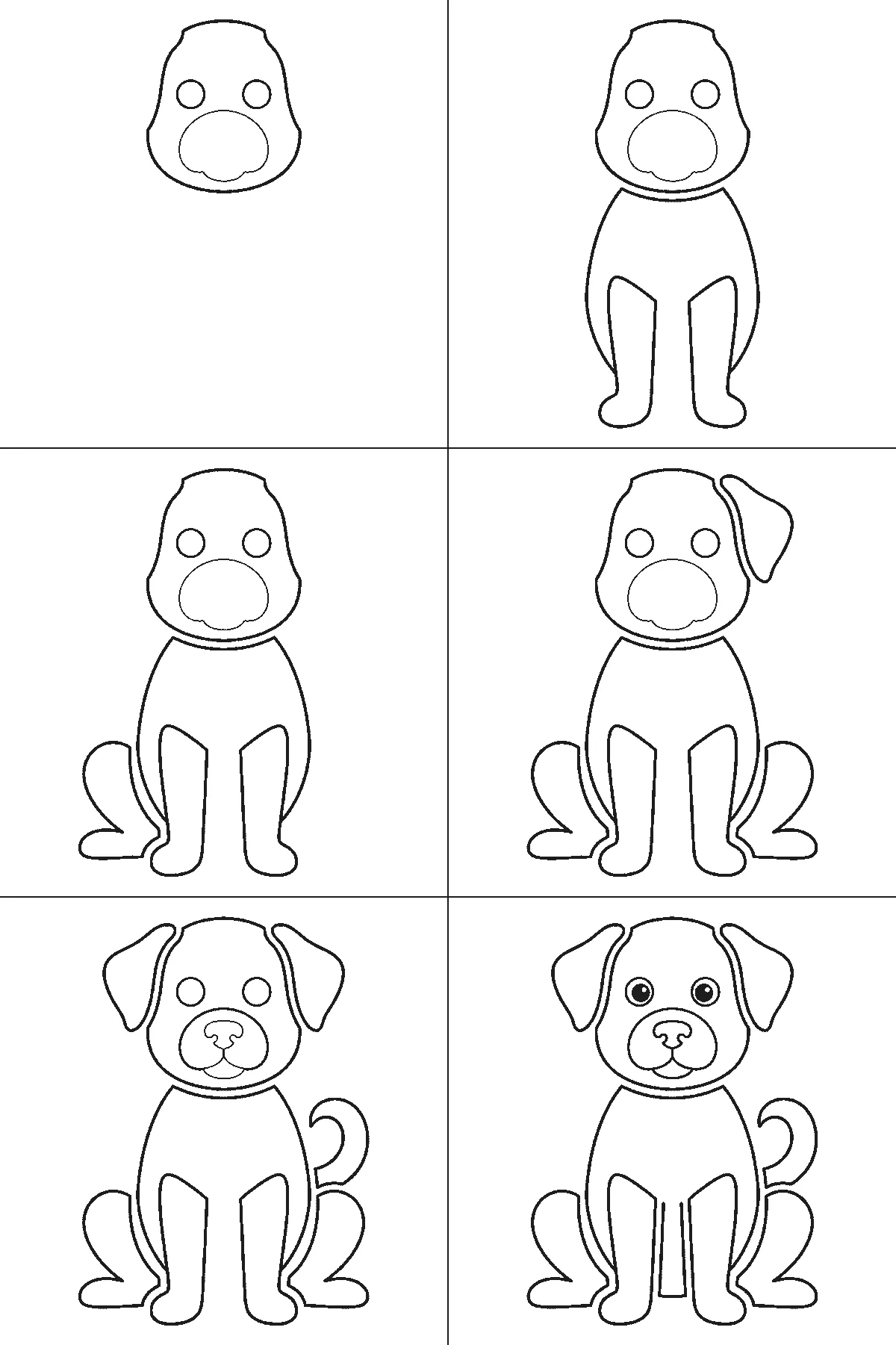 Scheda di disegno passo passo: un cane seduto, visto di fronte, con due occhi rotondi e le pupille piene, il muso arrotondato, due orecchie distinte, un corpo ovale, quattro zampe separate e una piccola coda arricciata, contorni neri su bianco.