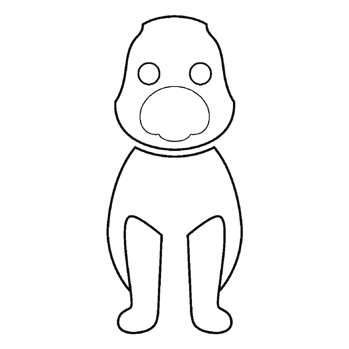 Passo 2 di 6: Scheda di disegno passo passo: un cane seduto, visto di fronte, con due occhi rotondi e le pupille piene, il muso arrotondato, due orecchie distinte, un corpo ovale, quattro zampe separate e una piccola coda arricciata, contorni neri su bianco.