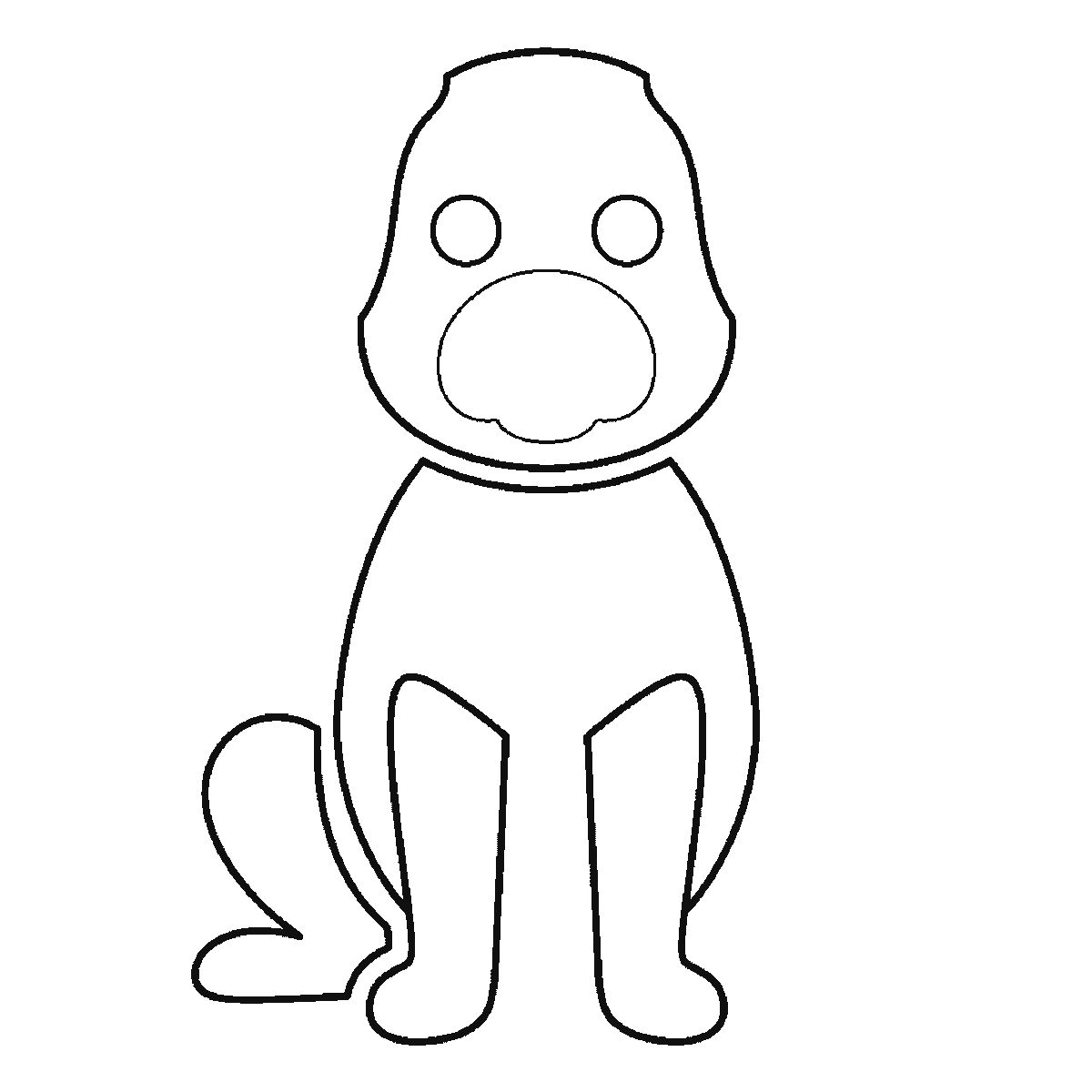Passo 3 di 6: Scheda di disegno passo passo: un cane seduto, visto di fronte, con due occhi rotondi e le pupille piene, il muso arrotondato, due orecchie distinte, un corpo ovale, quattro zampe separate e una piccola coda arricciata, contorni neri su bianco.