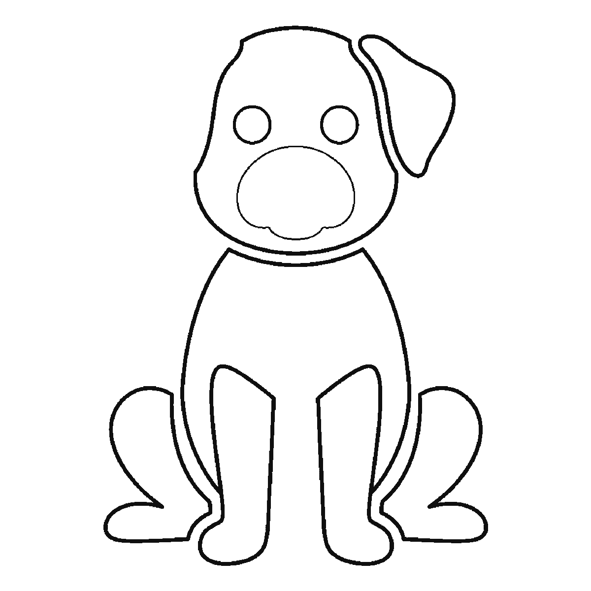 Passo 4 di 6: Scheda di disegno passo passo: un cane seduto, visto di fronte, con due occhi rotondi e le pupille piene, il muso arrotondato, due orecchie distinte, un corpo ovale, quattro zampe separate e una piccola coda arricciata, contorni neri su bianco.