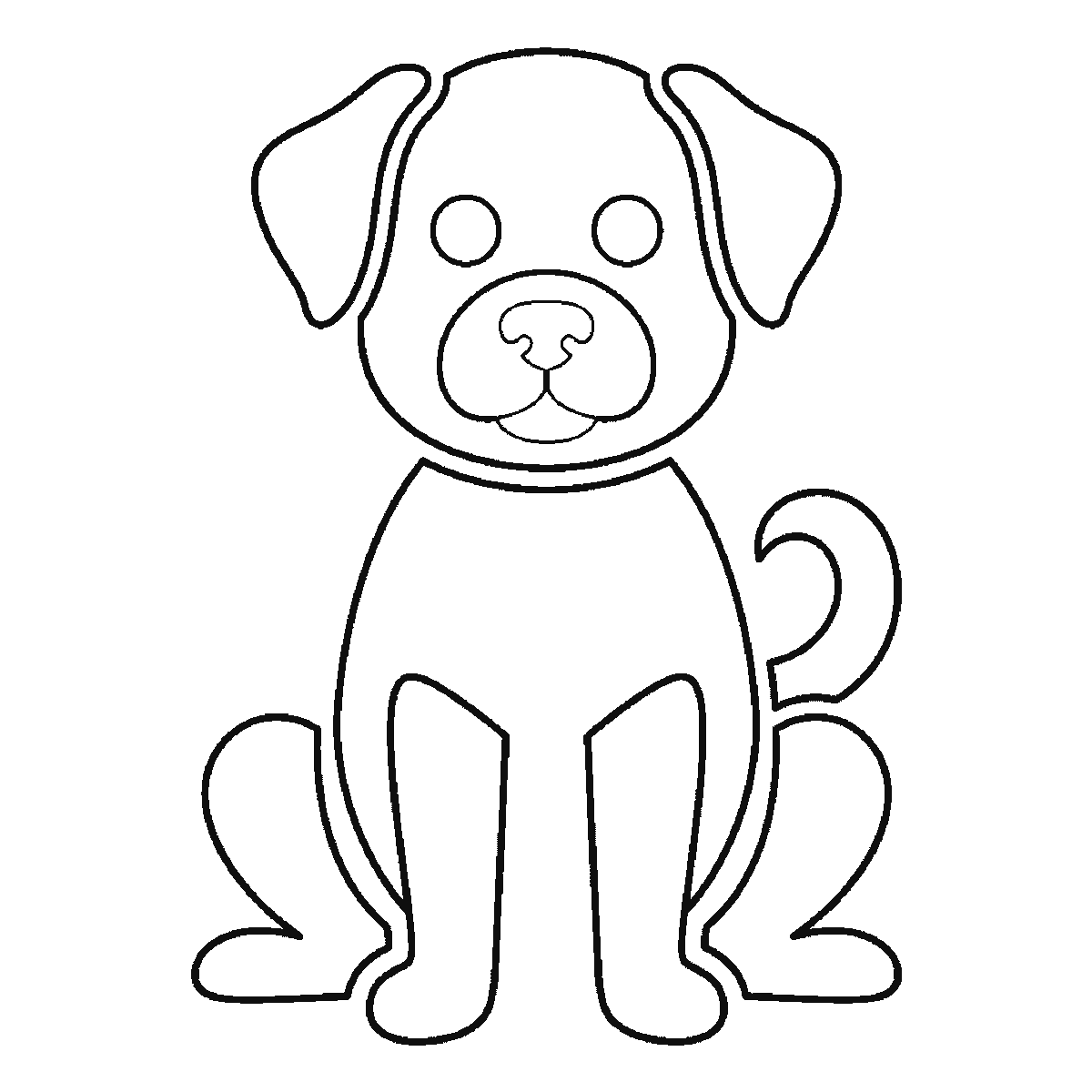Passo 5 di 6: Scheda di disegno passo passo: un cane seduto, visto di fronte, con due occhi rotondi e le pupille piene, il muso arrotondato, due orecchie distinte, un corpo ovale, quattro zampe separate e una piccola coda arricciata, contorni neri su bianco.