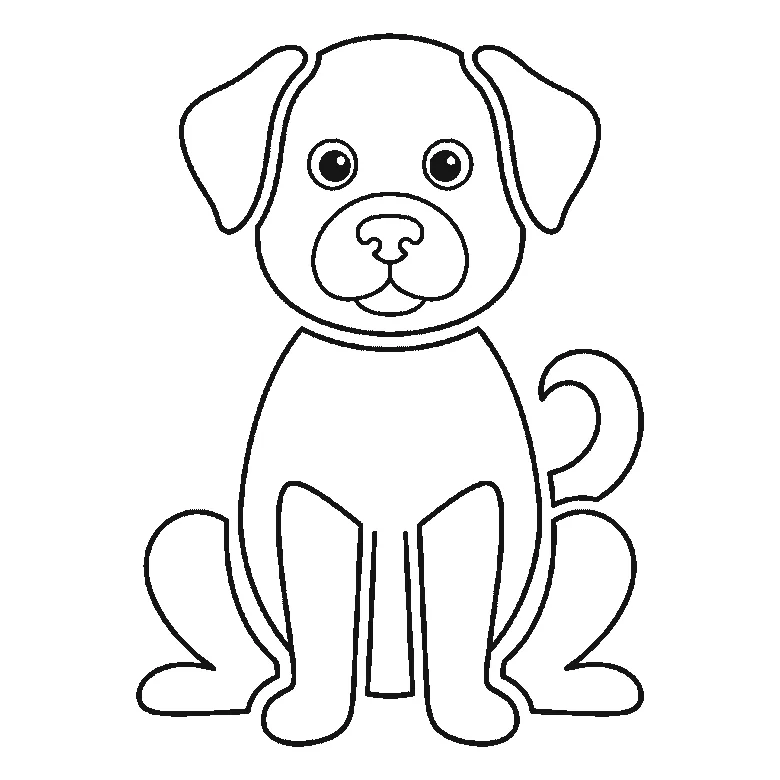Scheda di disegno passo passo: un cane seduto, visto di fronte, con due occhi rotondi e le pupille piene, il muso arrotondato, due orecchie distinte, un corpo ovale, quattro zampe separate e una piccola coda arricciata, contorni neri su bianco.