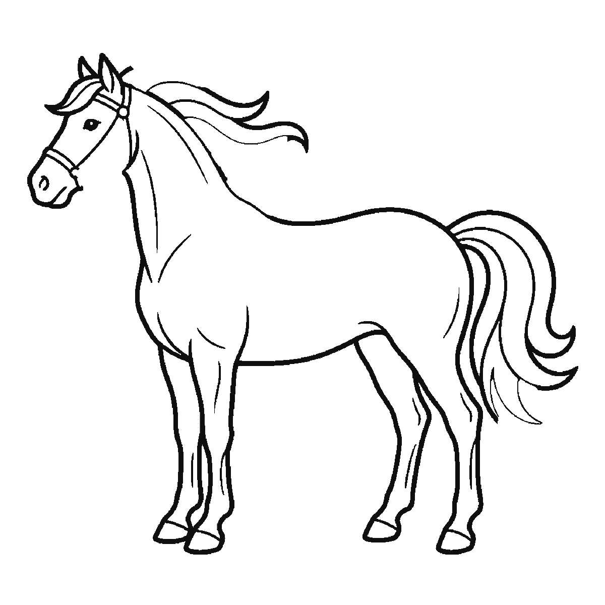 Passo 5 di 6: Scheda di disegno passo passo: un cavallo in piedi visto di profilo, con un occhio rotondo e la pupilla piena, una briglia intorno al muso, una criniera fluente e una coda fluente, contorni neri su bianco.