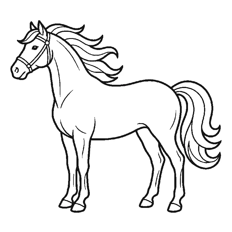 Scheda di disegno passo passo: un cavallo in piedi visto di profilo, con un occhio rotondo e la pupilla piena, una briglia intorno al muso, una criniera fluente e una coda fluente, contorni neri su bianco.