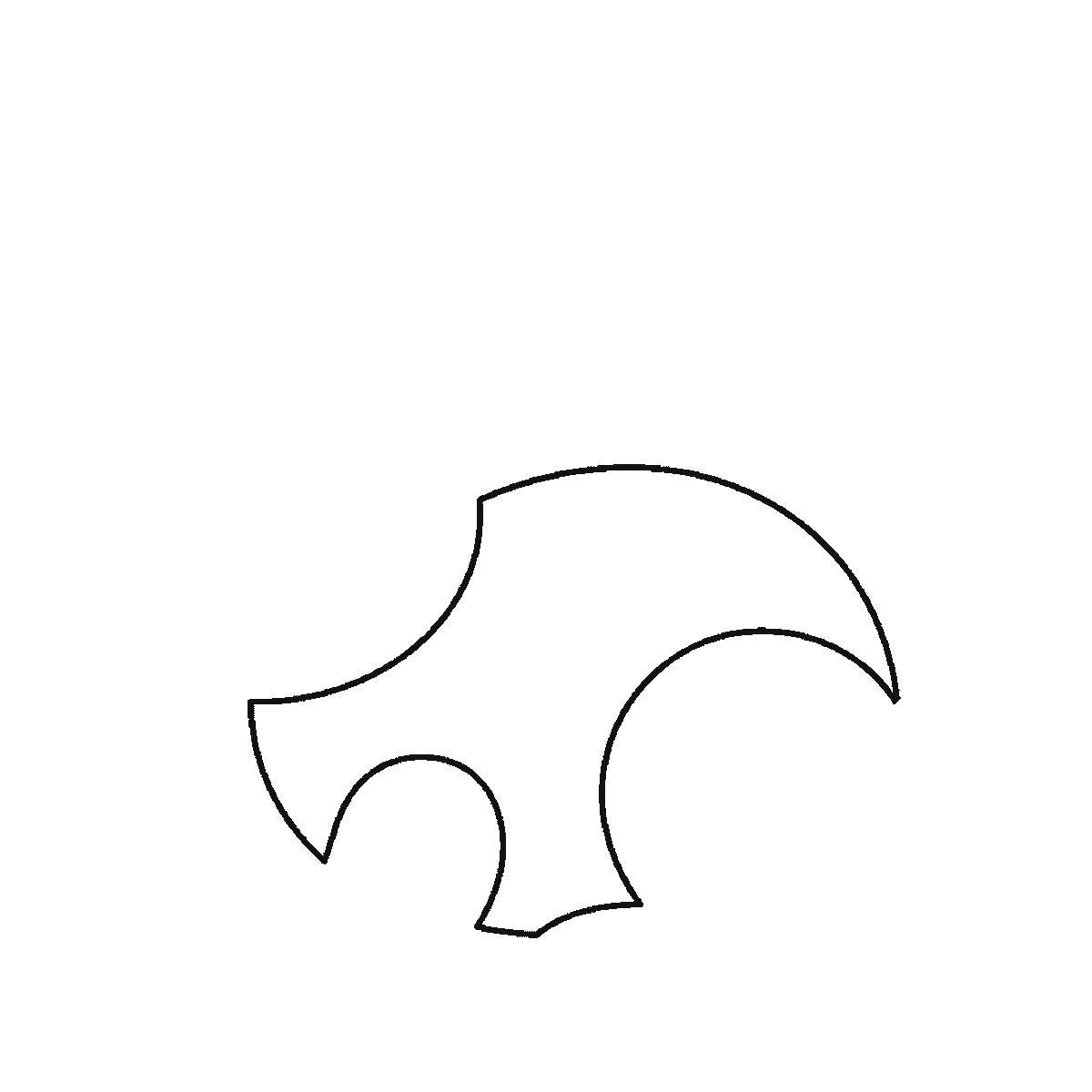 Passo 1 di 6: Scheda di disegno passo passo: un coniglio seduto di profilo, con un occhio rotondo e la pupilla piena, due orecchie lunghe e distinte, la testa arrotondata, il corpo tondeggiante, una zampa anteriore, una zampa posteriore ripiegata e una coda tonda e soffice, contorni neri su bianco.