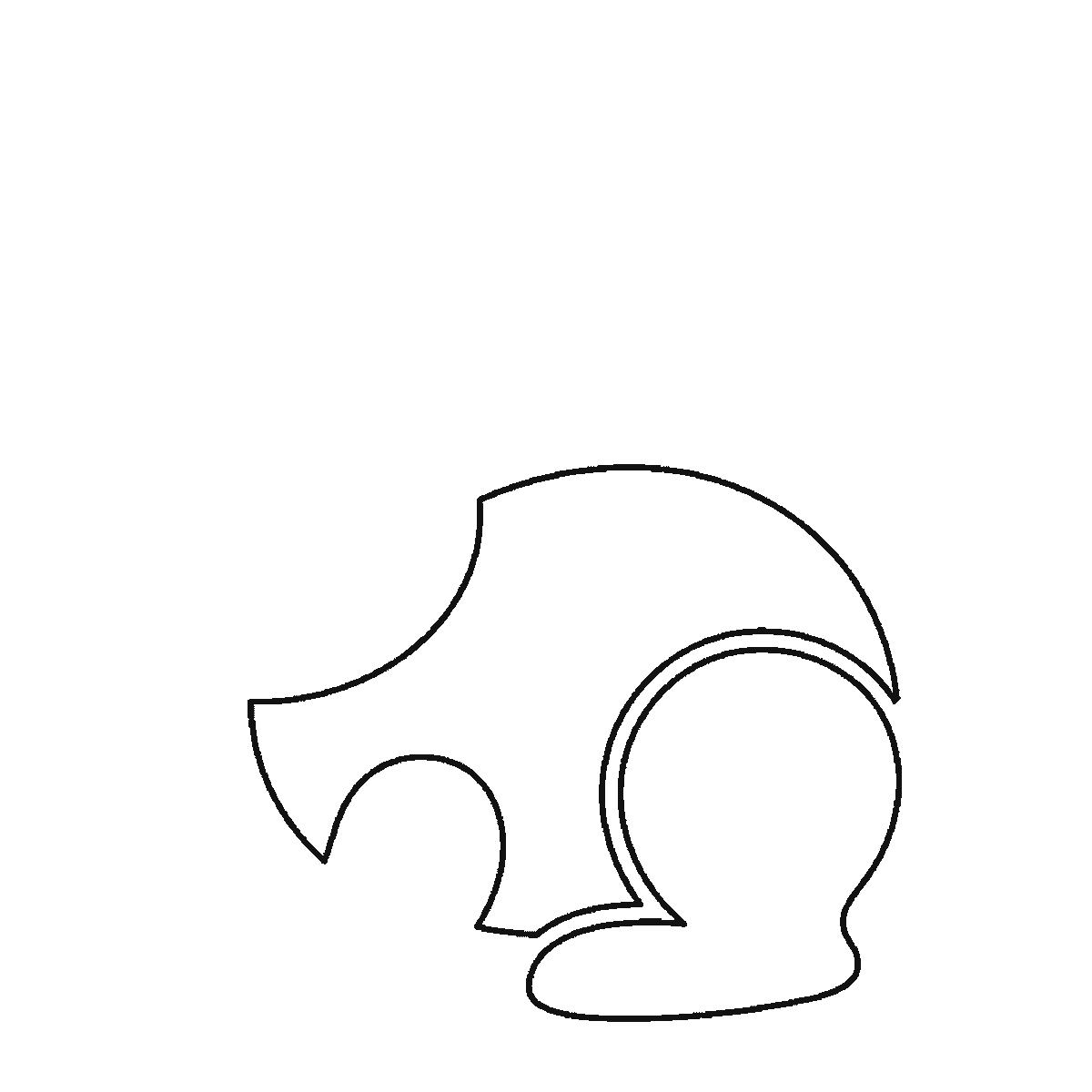 Passo 2 di 6: Scheda di disegno passo passo: un coniglio seduto di profilo, con un occhio rotondo e la pupilla piena, due orecchie lunghe e distinte, la testa arrotondata, il corpo tondeggiante, una zampa anteriore, una zampa posteriore ripiegata e una coda tonda e soffice, contorni neri su bianco.