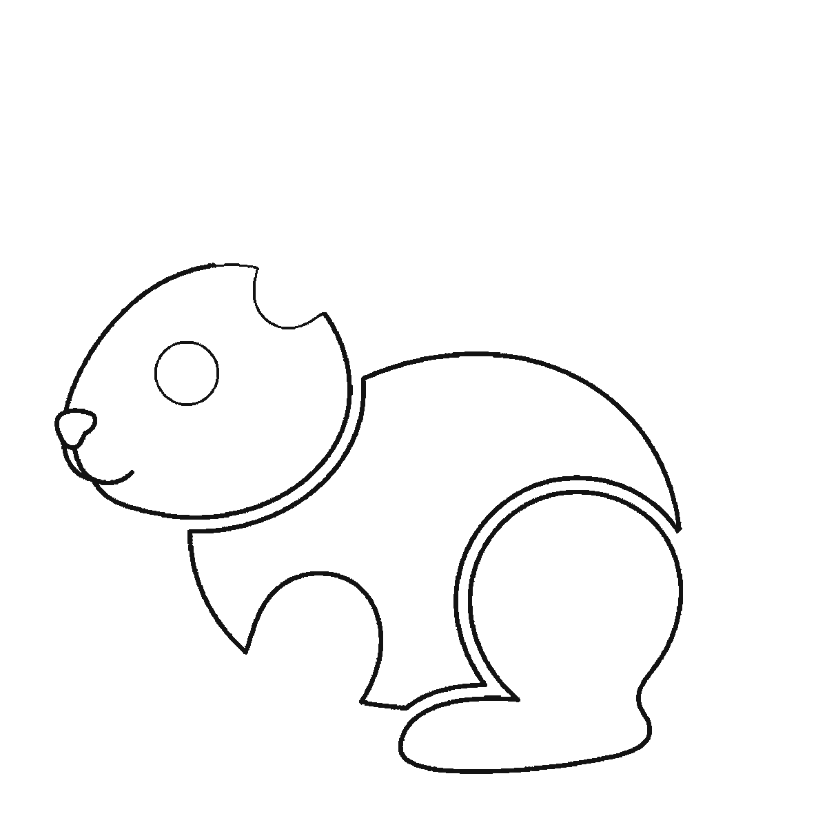 Passo 3 di 6: Scheda di disegno passo passo: un coniglio seduto di profilo, con un occhio rotondo e la pupilla piena, due orecchie lunghe e distinte, la testa arrotondata, il corpo tondeggiante, una zampa anteriore, una zampa posteriore ripiegata e una coda tonda e soffice, contorni neri su bianco.