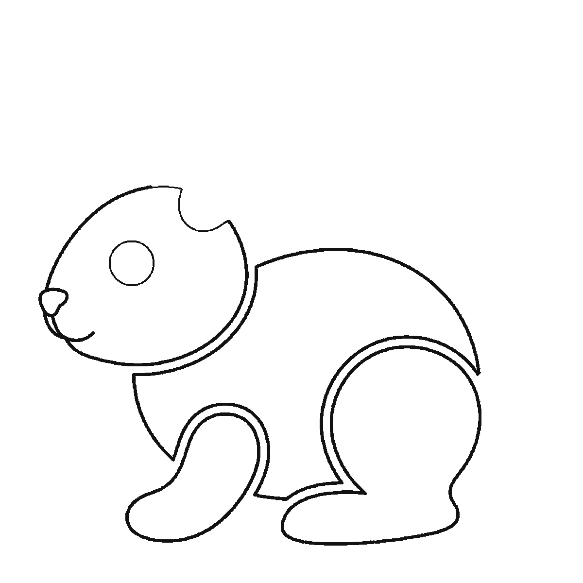 Passo 4 di 6: Scheda di disegno passo passo: un coniglio seduto di profilo, con un occhio rotondo e la pupilla piena, due orecchie lunghe e distinte, la testa arrotondata, il corpo tondeggiante, una zampa anteriore, una zampa posteriore ripiegata e una coda tonda e soffice, contorni neri su bianco.