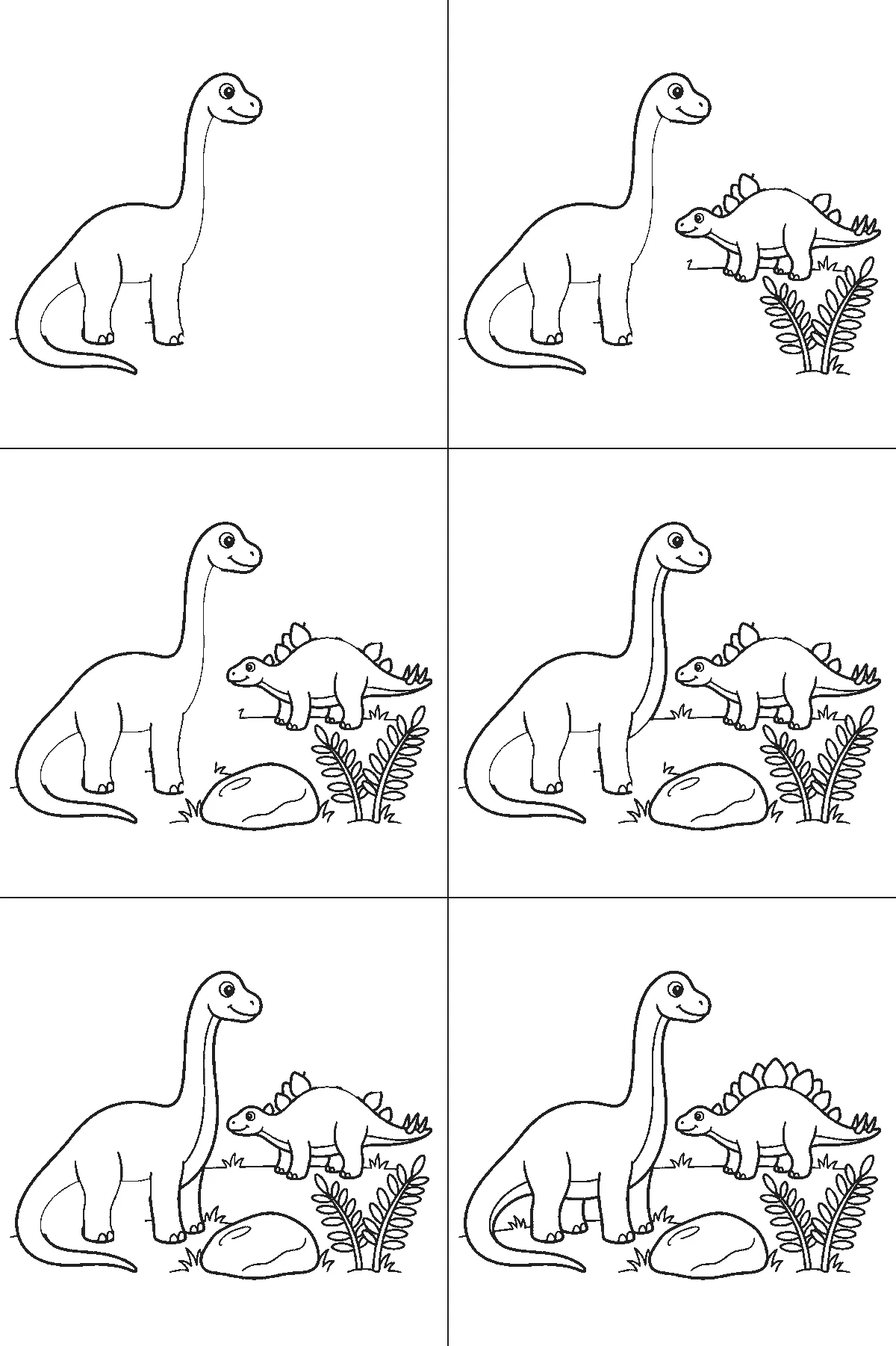 Scheda di disegno passo passo: un dinosauro dal collo lungo, in piedi di profilo con un occhio rotondo, la pupilla piena e un'espressione sorridente, accanto a un dinosauro più piccolo con la schiena a piastre, anch'esso di profilo con un occhio rotondo, insieme a una roccia arrotondata e due piante di felce, contorni neri su bianco.