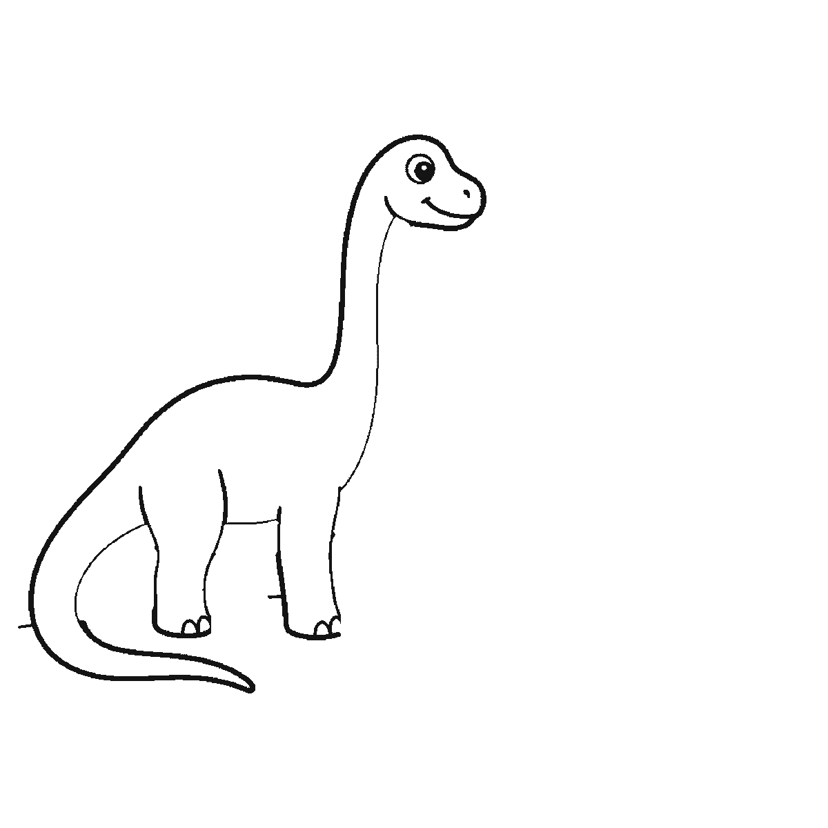 Passo 1 di 6: Scheda di disegno passo passo: un dinosauro dal collo lungo, in piedi di profilo con un occhio rotondo, la pupilla piena e un'espressione sorridente, accanto a un dinosauro più piccolo con la schiena a piastre, anch'esso di profilo con un occhio rotondo, insieme a una roccia arrotondata e due piante di felce, contorni neri su bianco.