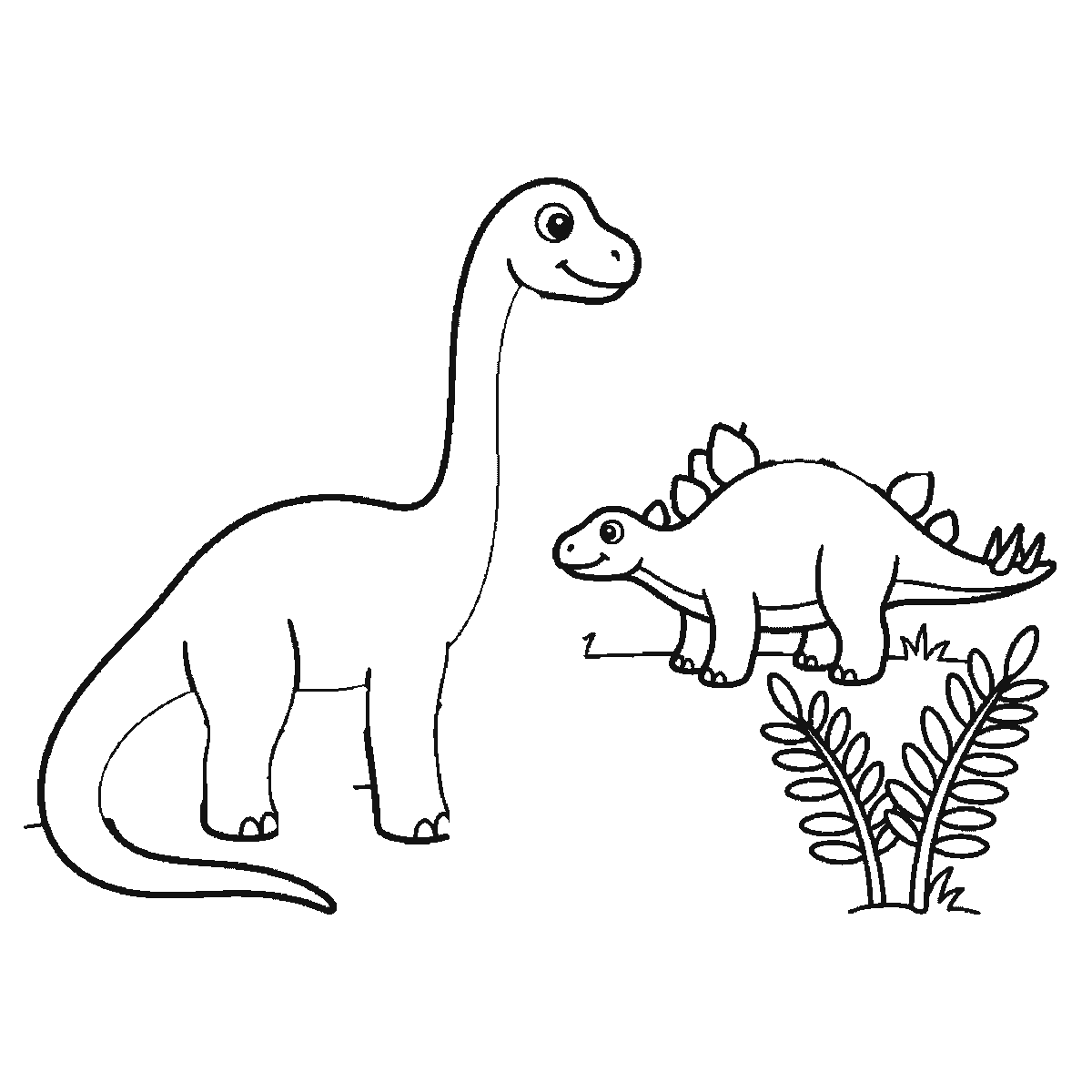 Passo 2 di 6: Scheda di disegno passo passo: un dinosauro dal collo lungo, in piedi di profilo con un occhio rotondo, la pupilla piena e un'espressione sorridente, accanto a un dinosauro più piccolo con la schiena a piastre, anch'esso di profilo con un occhio rotondo, insieme a una roccia arrotondata e due piante di felce, contorni neri su bianco.