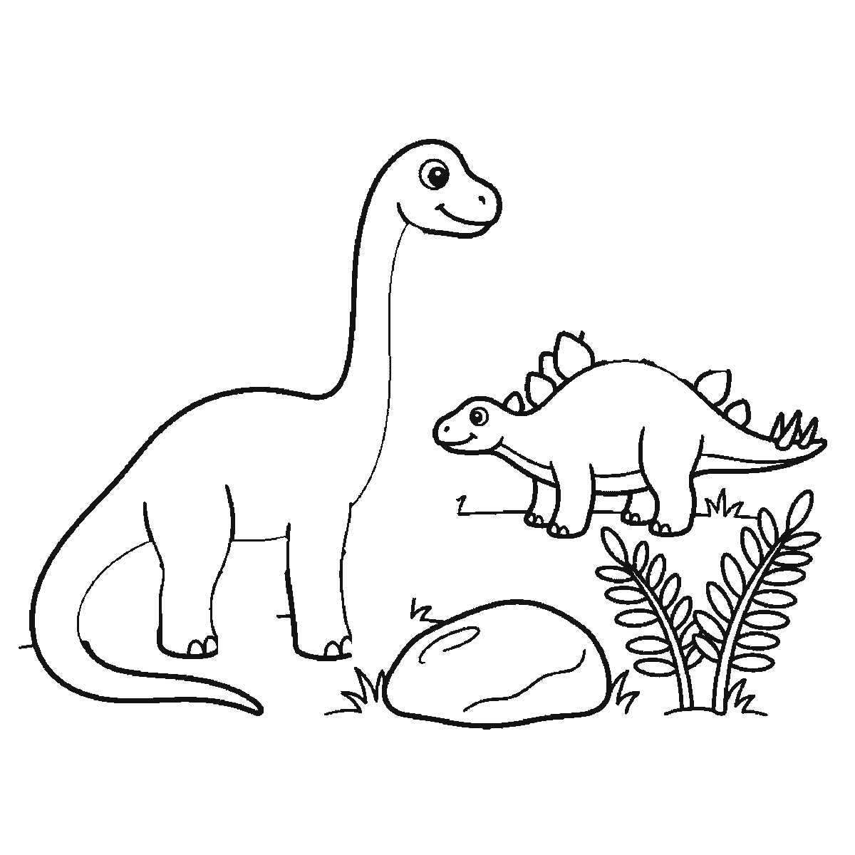 Passo 3 di 6: Scheda di disegno passo passo: un dinosauro dal collo lungo, in piedi di profilo con un occhio rotondo, la pupilla piena e un'espressione sorridente, accanto a un dinosauro più piccolo con la schiena a piastre, anch'esso di profilo con un occhio rotondo, insieme a una roccia arrotondata e due piante di felce, contorni neri su bianco.