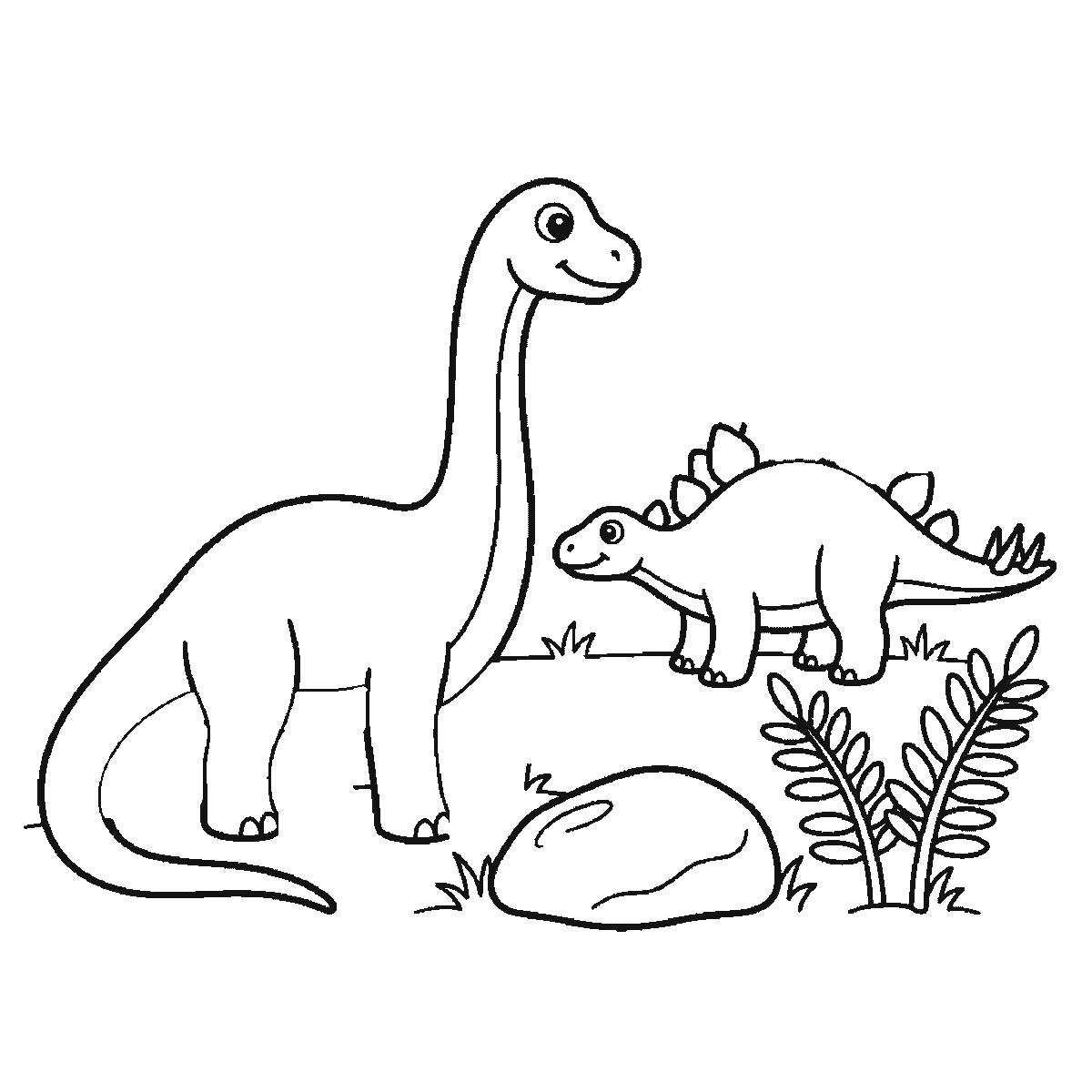 Passo 4 di 6: Scheda di disegno passo passo: un dinosauro dal collo lungo, in piedi di profilo con un occhio rotondo, la pupilla piena e un'espressione sorridente, accanto a un dinosauro più piccolo con la schiena a piastre, anch'esso di profilo con un occhio rotondo, insieme a una roccia arrotondata e due piante di felce, contorni neri su bianco.