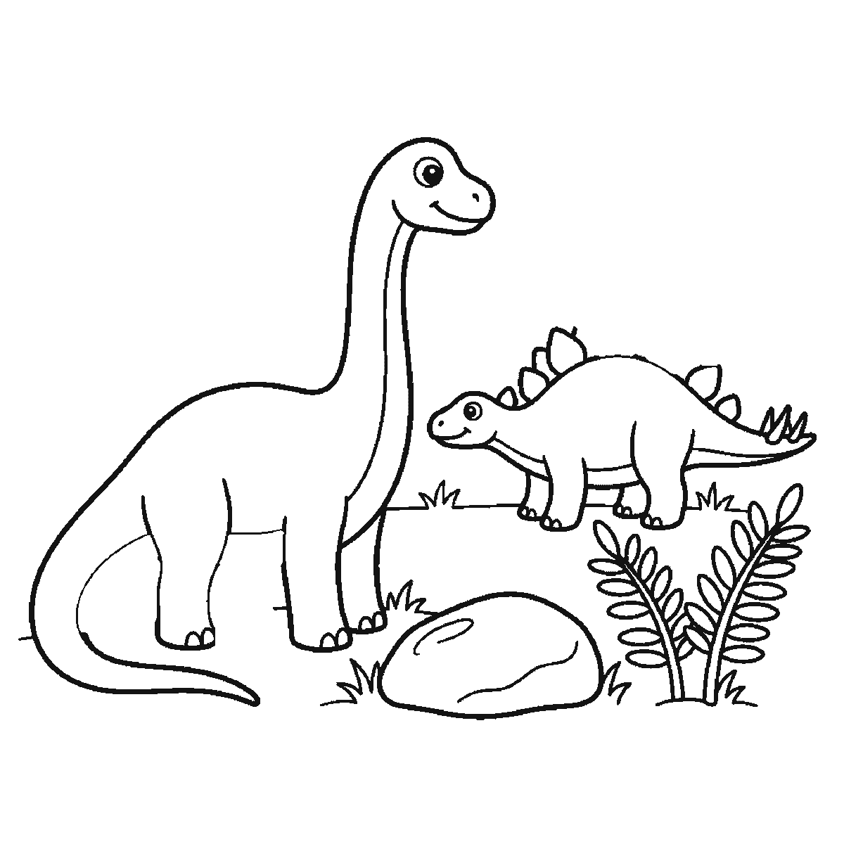 Passo 5 di 6: Scheda di disegno passo passo: un dinosauro dal collo lungo, in piedi di profilo con un occhio rotondo, la pupilla piena e un'espressione sorridente, accanto a un dinosauro più piccolo con la schiena a piastre, anch'esso di profilo con un occhio rotondo, insieme a una roccia arrotondata e due piante di felce, contorni neri su bianco.