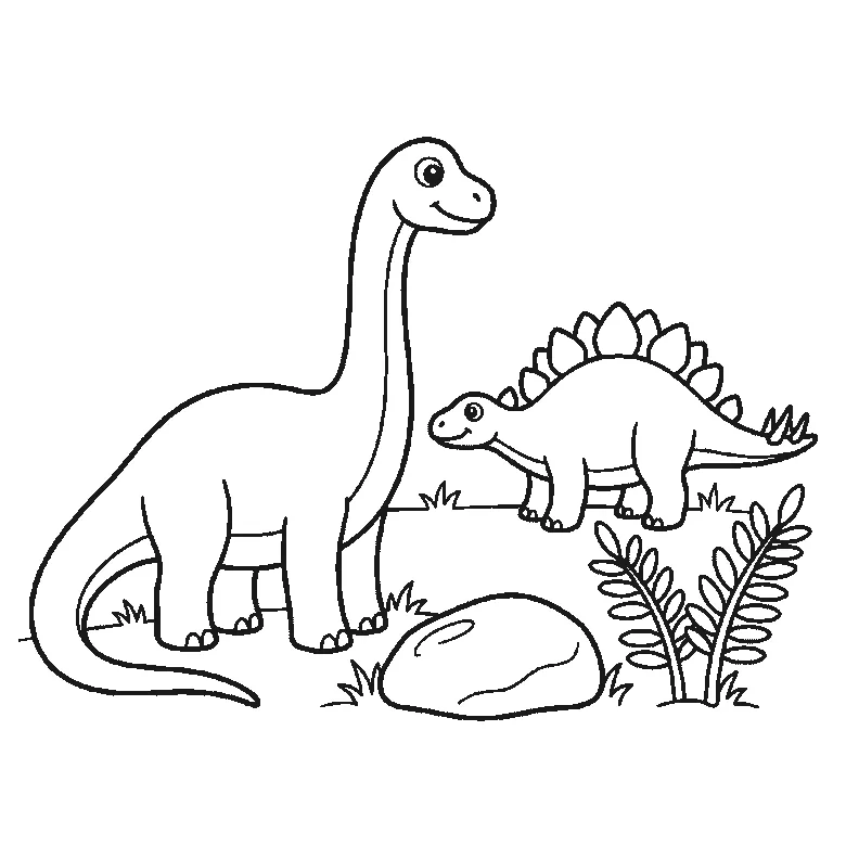 Scheda di disegno passo passo: un dinosauro dal collo lungo, in piedi di profilo con un occhio rotondo, la pupilla piena e un'espressione sorridente, accanto a un dinosauro più piccolo con la schiena a piastre, anch'esso di profilo con un occhio rotondo, insieme a una roccia arrotondata e due piante di felce, contorni neri su bianco.