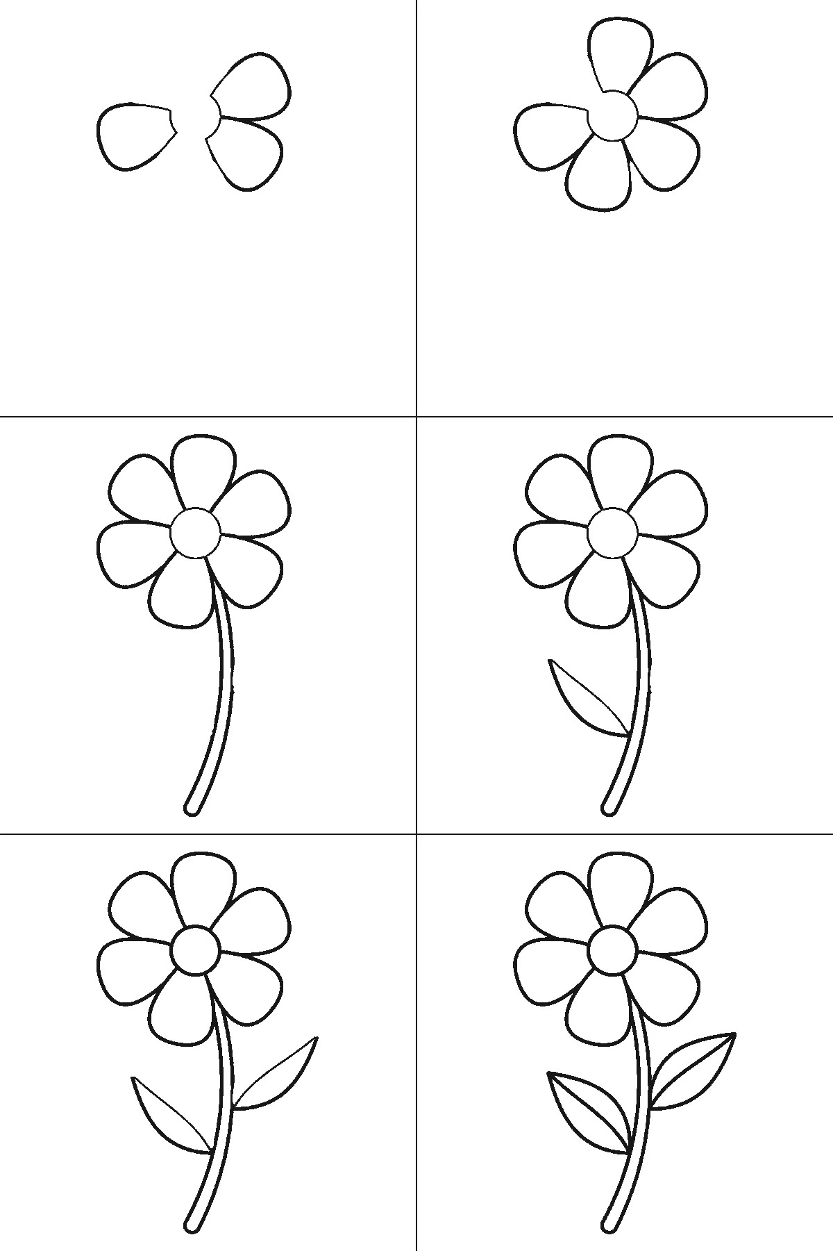 Scheda di disegno passo passo: un fiore visto di fronte, con un piccolo centro rotondo, sei petali arrotondati distinti, uno stelo dal tratto doppio e due foglie a altezze diverse lungo lo stelo, ciascuna con una nervatura centrale, contorni neri su bianco.