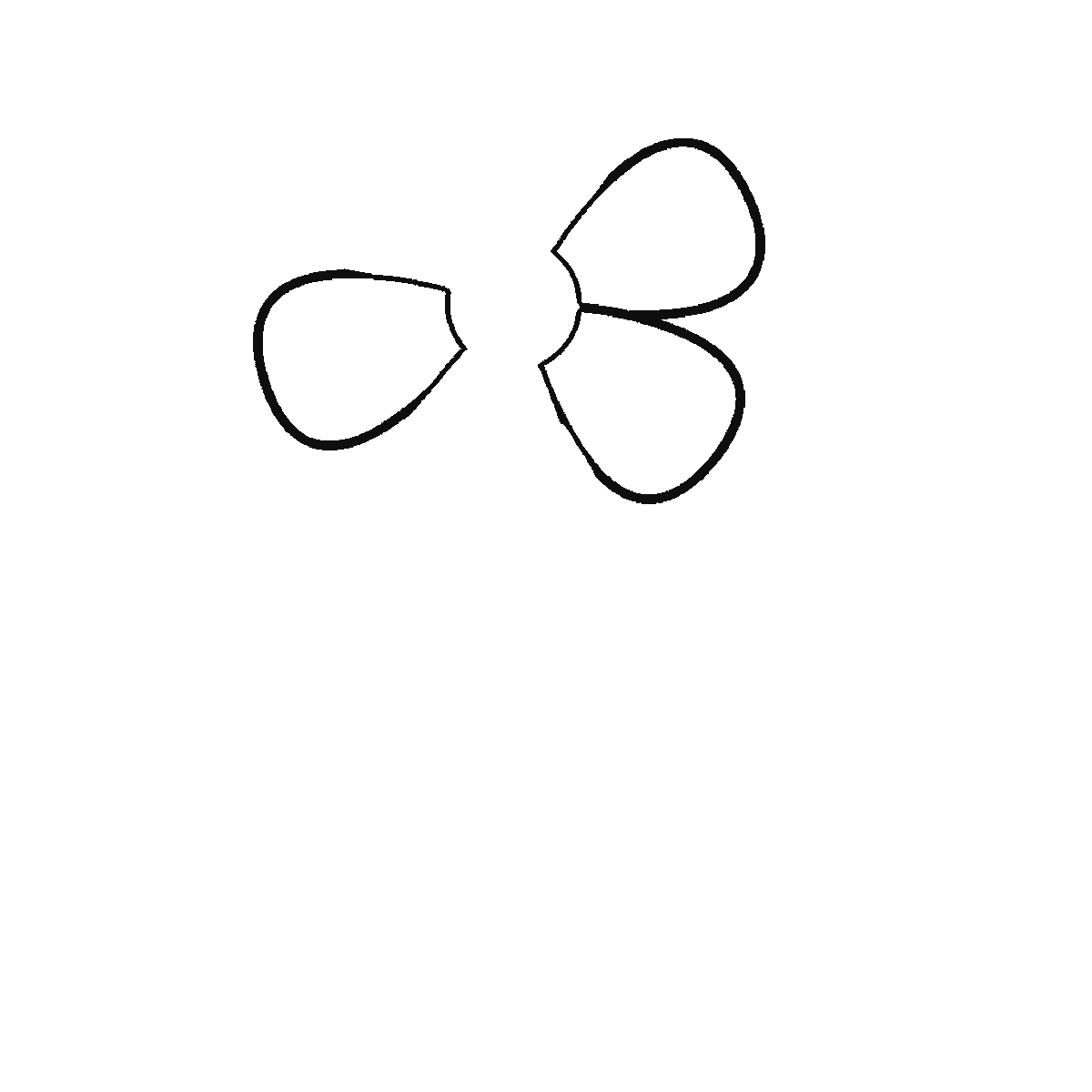 Passo 1 di 6: Scheda di disegno passo passo: un fiore visto di fronte, con un piccolo centro rotondo, sei petali arrotondati distinti, uno stelo dal tratto doppio e due foglie a altezze diverse lungo lo stelo, ciascuna con una nervatura centrale, contorni neri su bianco.