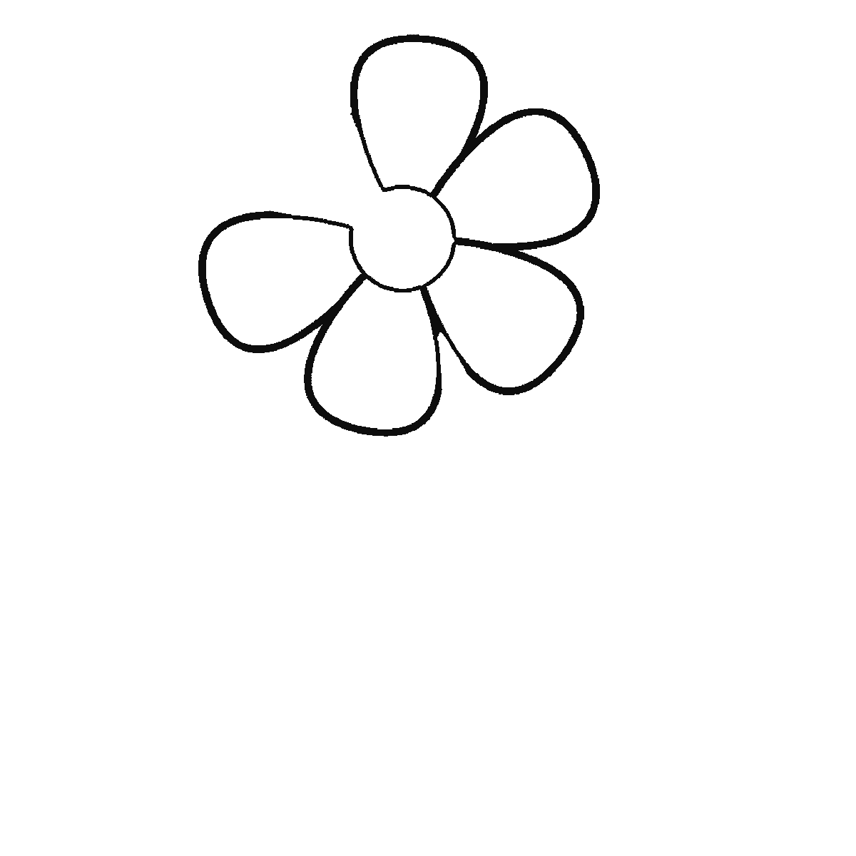 Passo 2 di 6: Scheda di disegno passo passo: un fiore visto di fronte, con un piccolo centro rotondo, sei petali arrotondati distinti, uno stelo dal tratto doppio e due foglie a altezze diverse lungo lo stelo, ciascuna con una nervatura centrale, contorni neri su bianco.