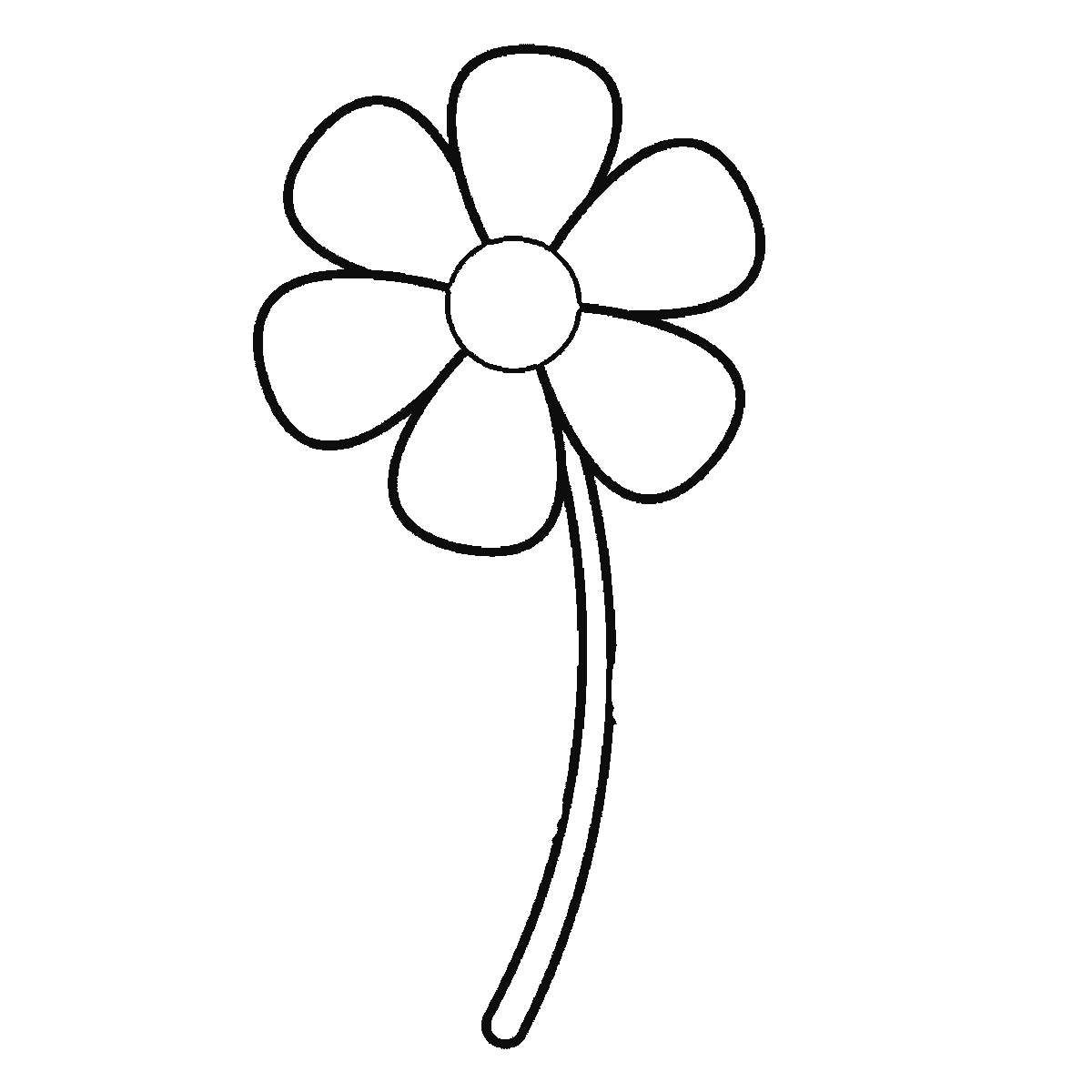 Passo 3 di 6: Scheda di disegno passo passo: un fiore visto di fronte, con un piccolo centro rotondo, sei petali arrotondati distinti, uno stelo dal tratto doppio e due foglie a altezze diverse lungo lo stelo, ciascuna con una nervatura centrale, contorni neri su bianco.