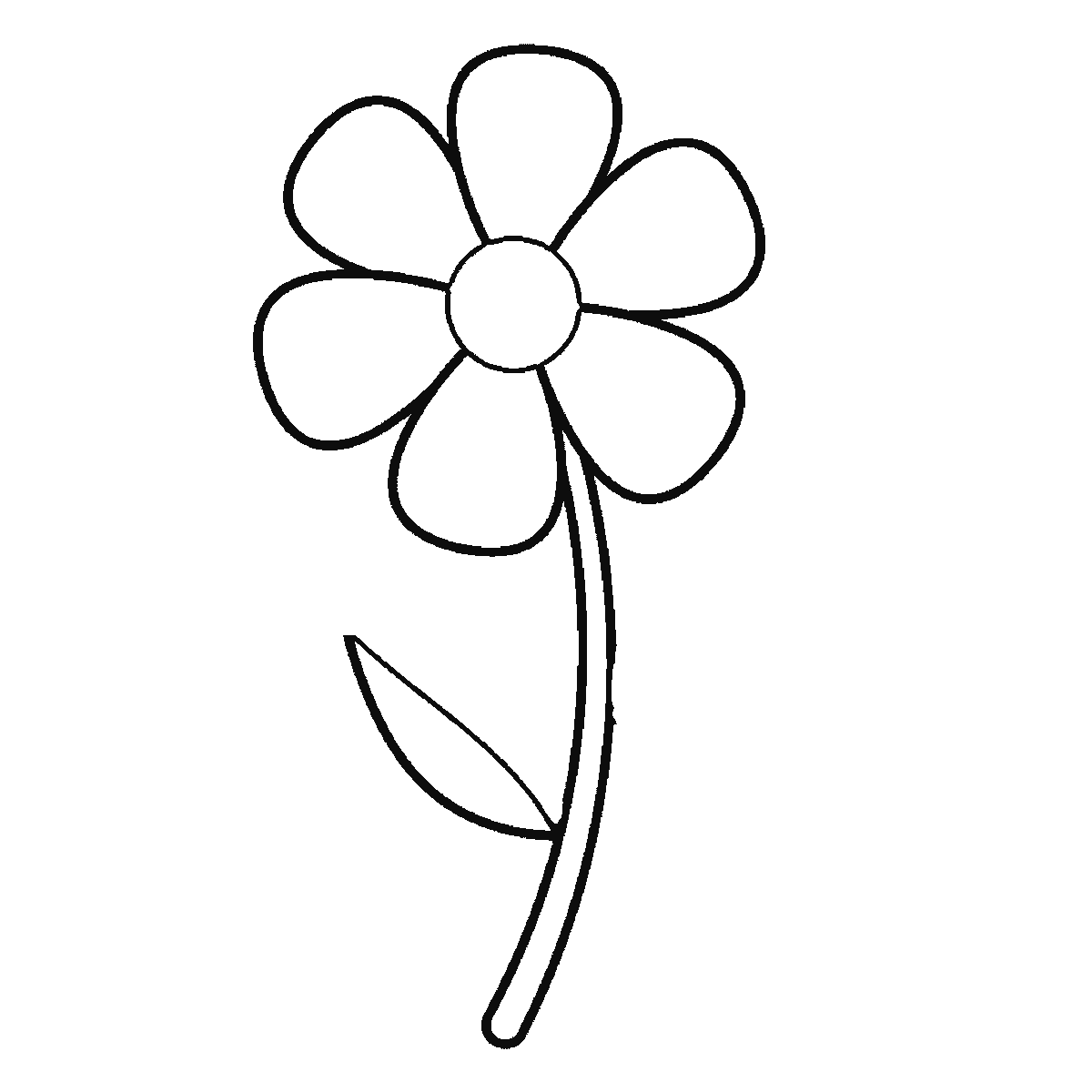 Passo 4 di 6: Scheda di disegno passo passo: un fiore visto di fronte, con un piccolo centro rotondo, sei petali arrotondati distinti, uno stelo dal tratto doppio e due foglie a altezze diverse lungo lo stelo, ciascuna con una nervatura centrale, contorni neri su bianco.