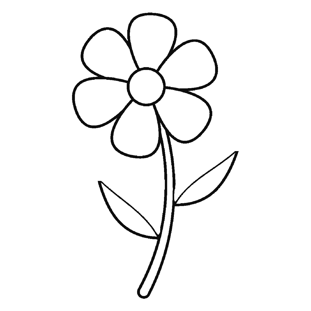 Passo 5 di 6: Scheda di disegno passo passo: un fiore visto di fronte, con un piccolo centro rotondo, sei petali arrotondati distinti, uno stelo dal tratto doppio e due foglie a altezze diverse lungo lo stelo, ciascuna con una nervatura centrale, contorni neri su bianco.