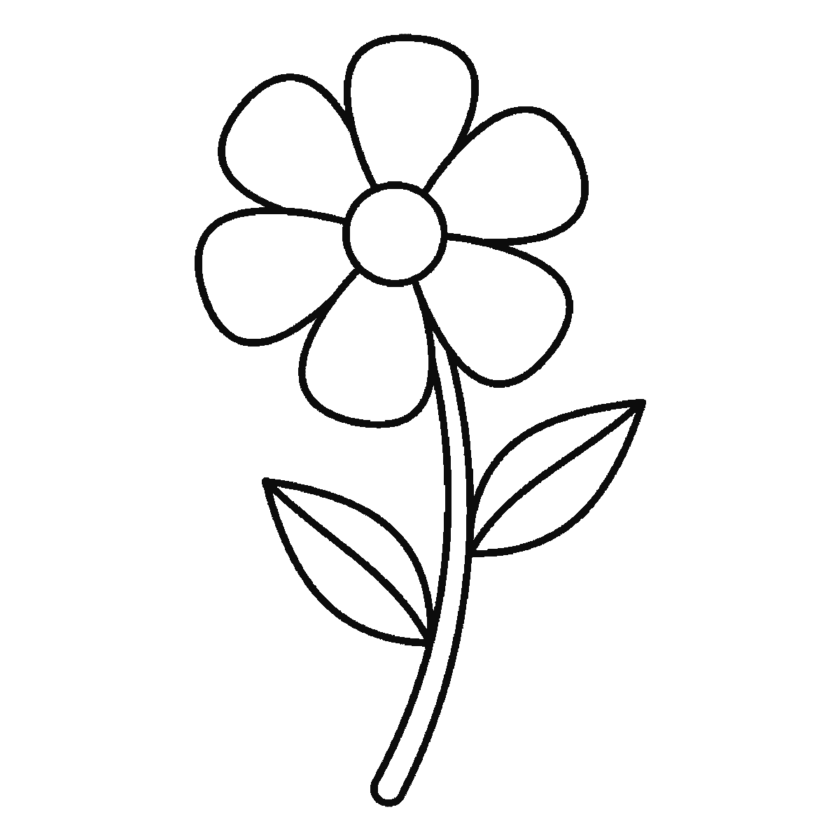 Passo 6 di 6: Scheda di disegno passo passo: un fiore visto di fronte, con un piccolo centro rotondo, sei petali arrotondati distinti, uno stelo dal tratto doppio e due foglie a altezze diverse lungo lo stelo, ciascuna con una nervatura centrale, contorni neri su bianco.