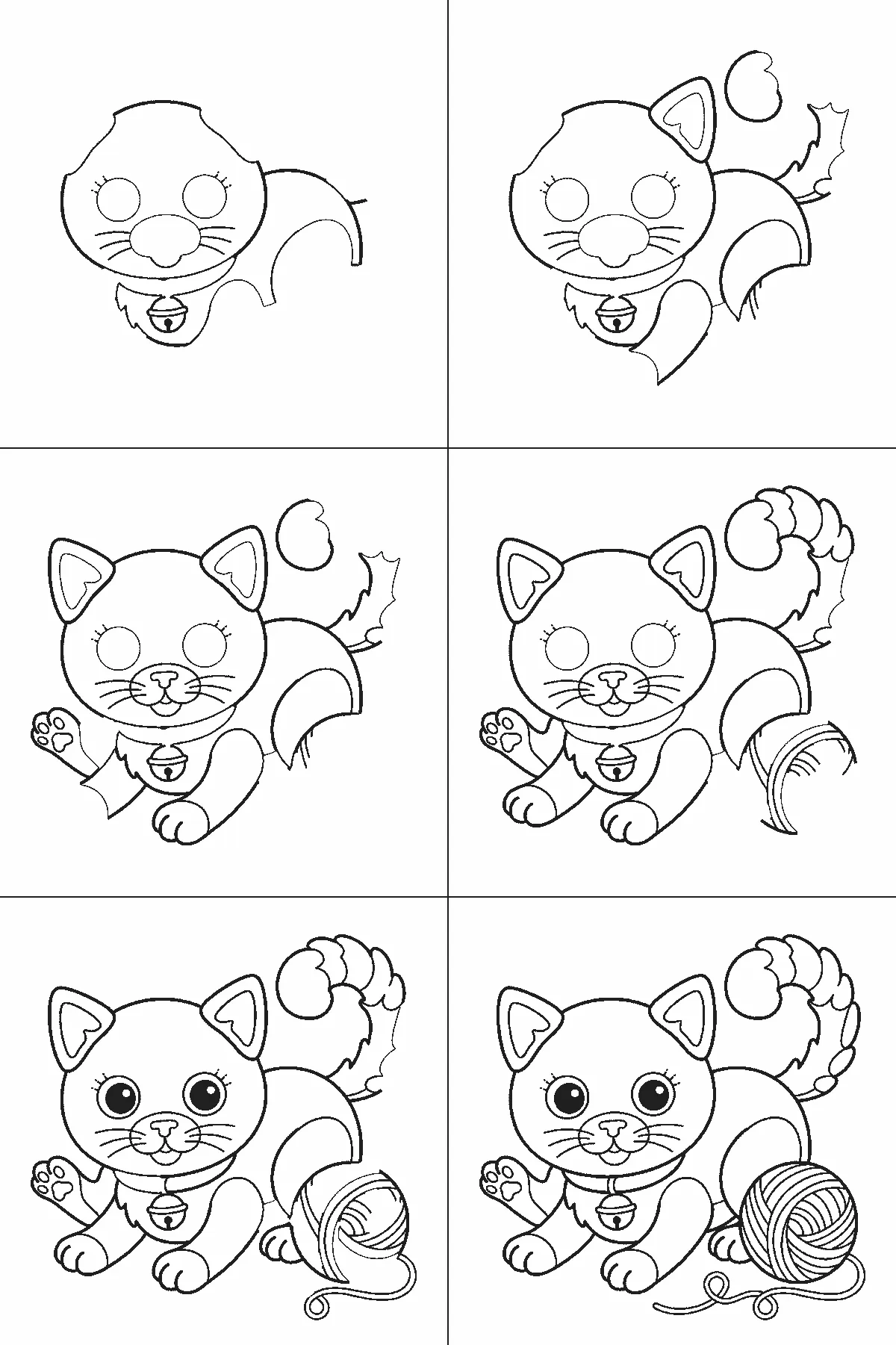 Scheda di disegno passo passo: un gattino visto di fronte, accovacciato accanto a un gomitolo di lana, con due grandi occhi rotondi e le pupille piene, due orecchie triangolari, un piccolo naso triangolare, il corpo arrotondato, una zampa anteriore sollevata, una zampa posteriore alzata, una coda spessa e arricciata e un collarino con un campanellino tondo, contorni neri su bianco.