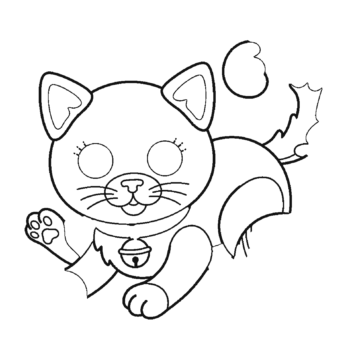 Passo 3 di 6: Scheda di disegno passo passo: un gattino visto di fronte, accovacciato accanto a un gomitolo di lana, con due grandi occhi rotondi e le pupille piene, due orecchie triangolari, un piccolo naso triangolare, il corpo arrotondato, una zampa anteriore sollevata, una zampa posteriore alzata, una coda spessa e arricciata e un collarino con un campanellino tondo, contorni neri su bianco.