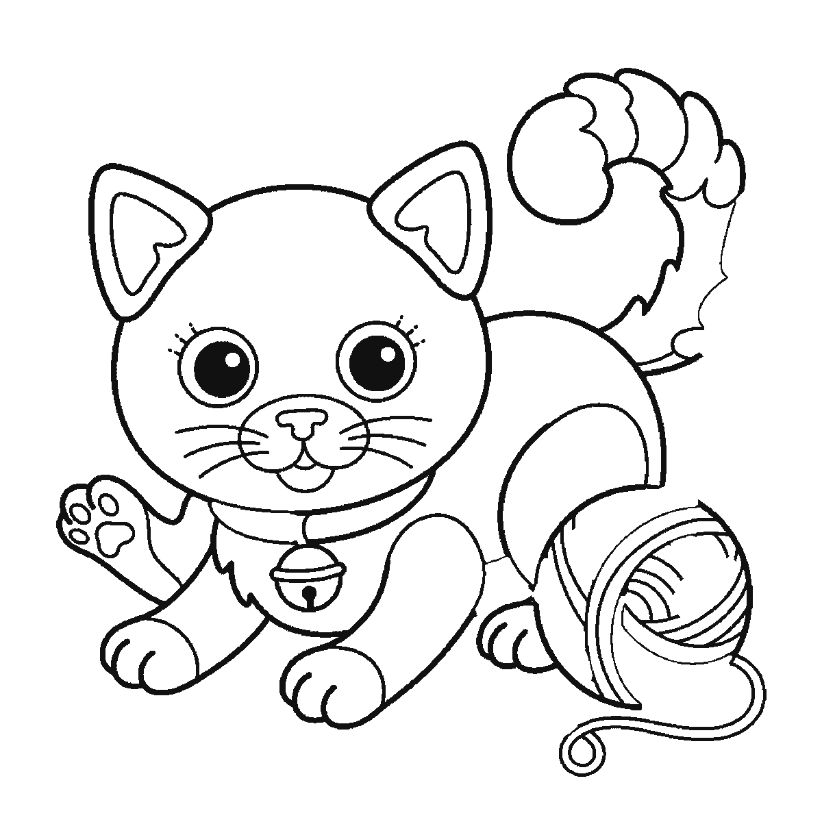 Passo 5 di 6: Scheda di disegno passo passo: un gattino visto di fronte, accovacciato accanto a un gomitolo di lana, con due grandi occhi rotondi e le pupille piene, due orecchie triangolari, un piccolo naso triangolare, il corpo arrotondato, una zampa anteriore sollevata, una zampa posteriore alzata, una coda spessa e arricciata e un collarino con un campanellino tondo, contorni neri su bianco.