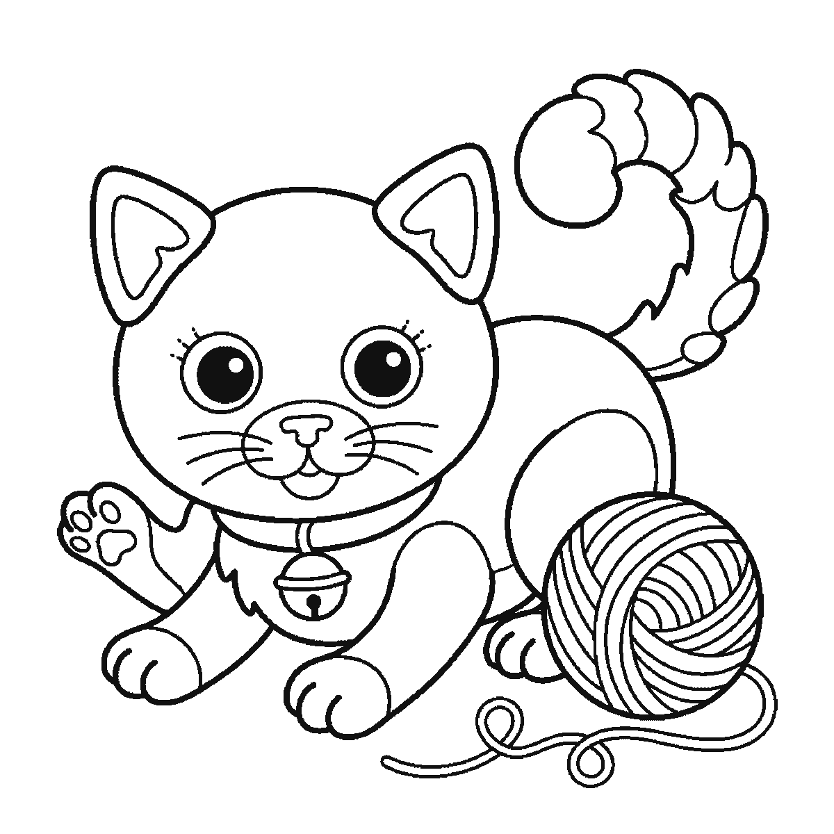 Passo 6 di 6: Scheda di disegno passo passo: un gattino visto di fronte, accovacciato accanto a un gomitolo di lana, con due grandi occhi rotondi e le pupille piene, due orecchie triangolari, un piccolo naso triangolare, il corpo arrotondato, una zampa anteriore sollevata, una zampa posteriore alzata, una coda spessa e arricciata e un collarino con un campanellino tondo, contorni neri su bianco.