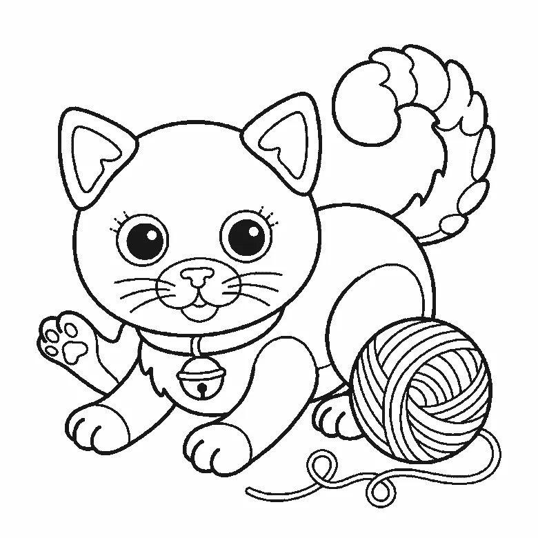 Scheda di disegno passo passo: un gattino visto di fronte, accovacciato accanto a un gomitolo di lana, con due grandi occhi rotondi e le pupille piene, due orecchie triangolari, un piccolo naso triangolare, il corpo arrotondato, una zampa anteriore sollevata, una zampa posteriore alzata, una coda spessa e arricciata e un collarino con un campanellino tondo, contorni neri su bianco.