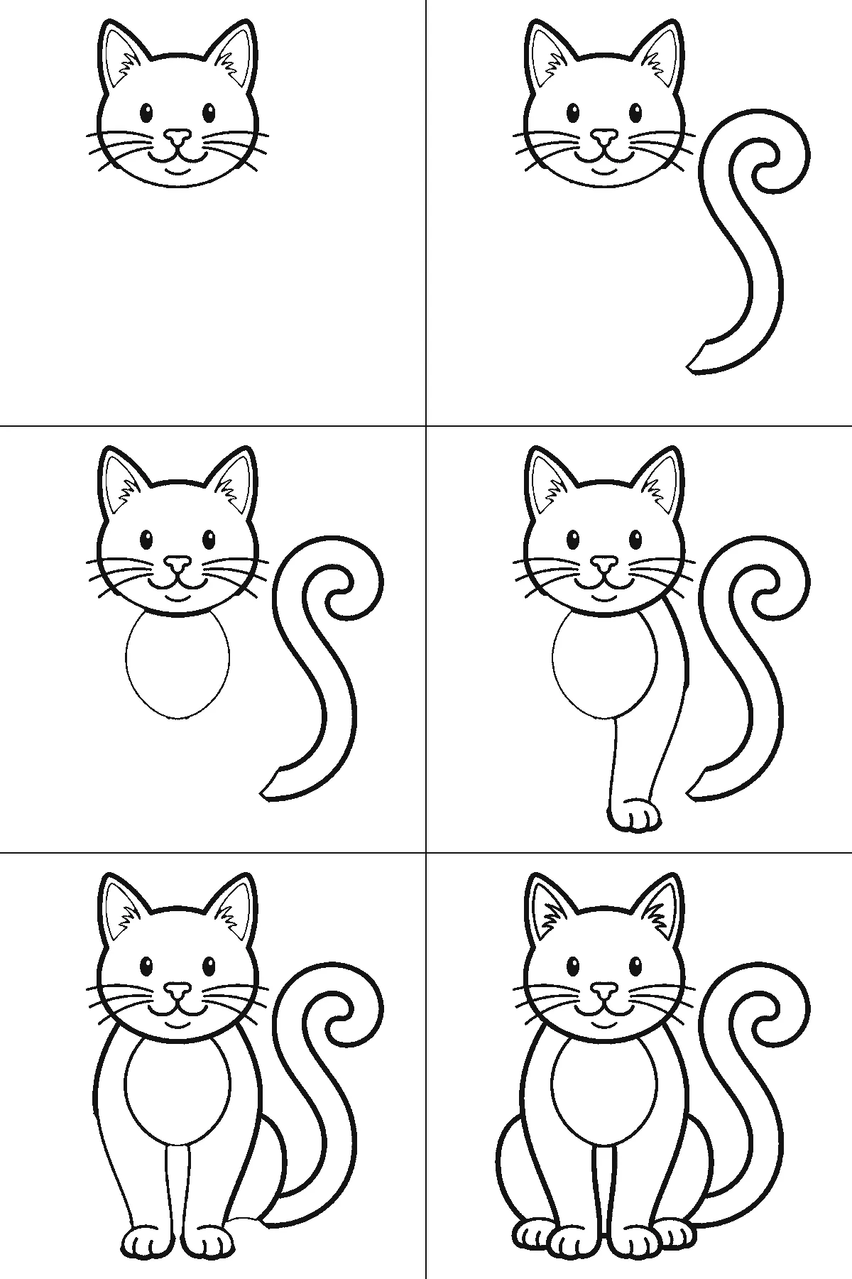 Scheda di disegno passo passo: un gatto seduto, visto di fronte, con due occhi rotondi e le pupille piene, i baffi, un sorriso e una lunga coda arrotolata a spirale dietro di sé, contorni neri su bianco.