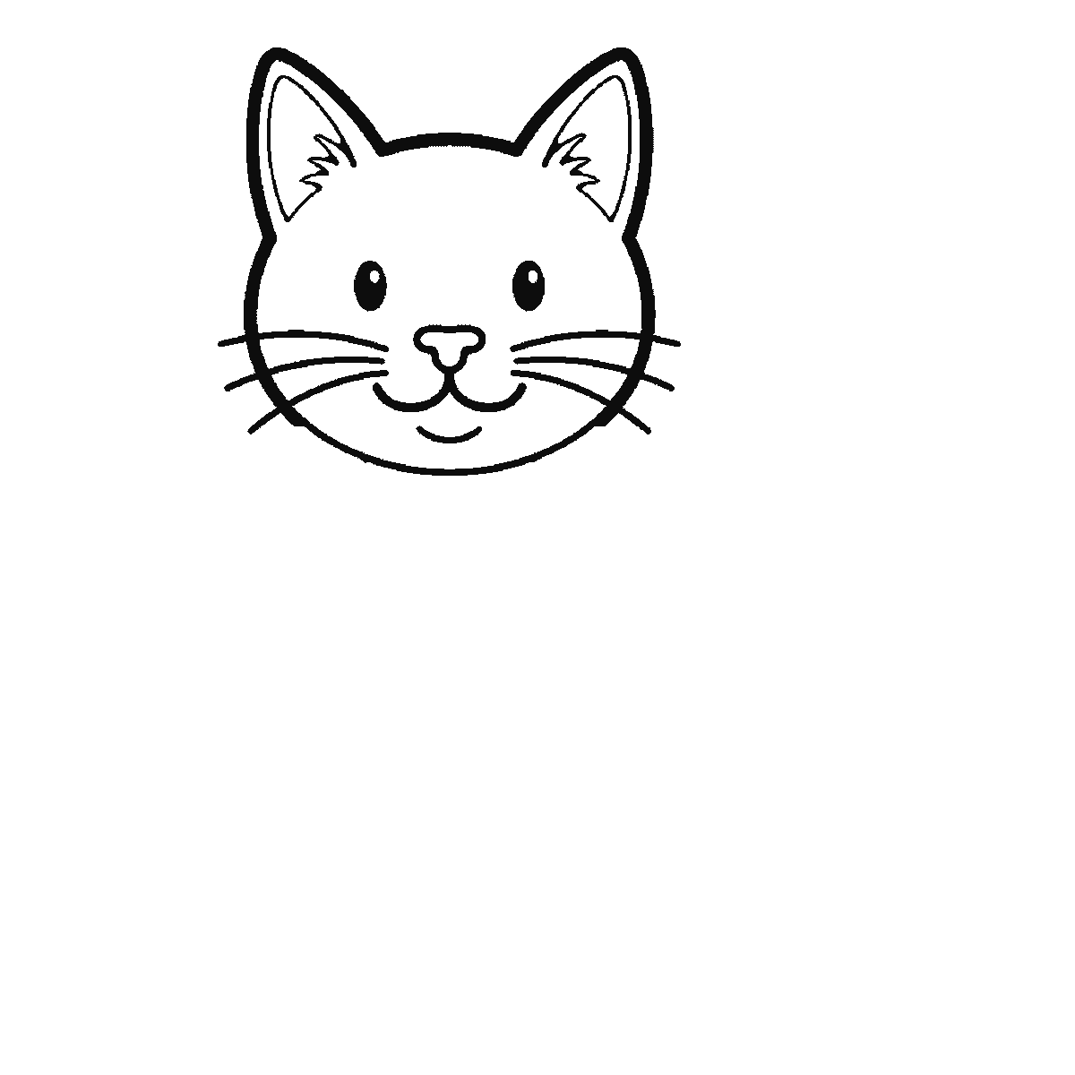 Passo 1 di 6: Scheda di disegno passo passo: un gatto seduto, visto di fronte, con due occhi rotondi e le pupille piene, i baffi, un sorriso e una lunga coda arrotolata a spirale dietro di sé, contorni neri su bianco.