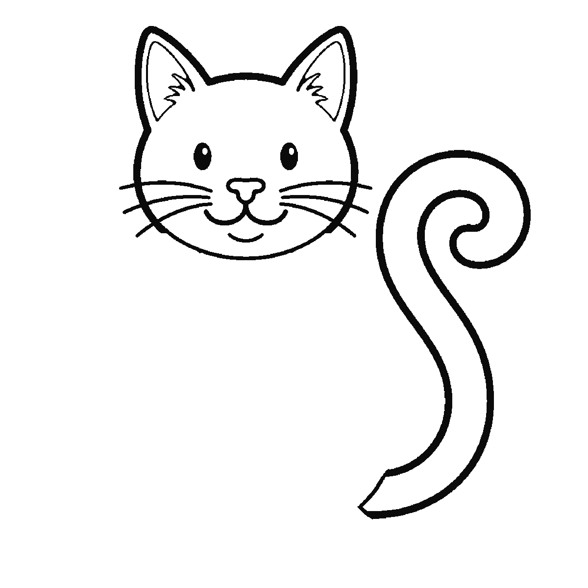 Passo 2 di 6: Scheda di disegno passo passo: un gatto seduto, visto di fronte, con due occhi rotondi e le pupille piene, i baffi, un sorriso e una lunga coda arrotolata a spirale dietro di sé, contorni neri su bianco.