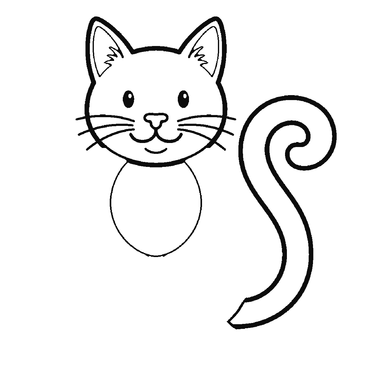 Passo 3 di 6: Scheda di disegno passo passo: un gatto seduto, visto di fronte, con due occhi rotondi e le pupille piene, i baffi, un sorriso e una lunga coda arrotolata a spirale dietro di sé, contorni neri su bianco.