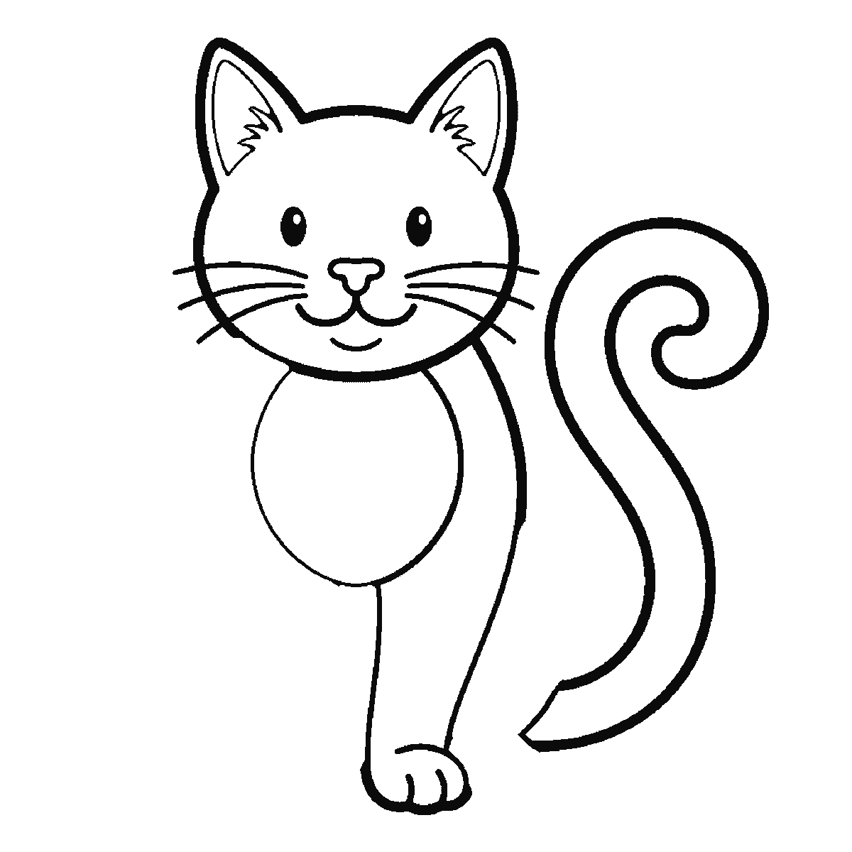 Passo 4 di 6: Scheda di disegno passo passo: un gatto seduto, visto di fronte, con due occhi rotondi e le pupille piene, i baffi, un sorriso e una lunga coda arrotolata a spirale dietro di sé, contorni neri su bianco.