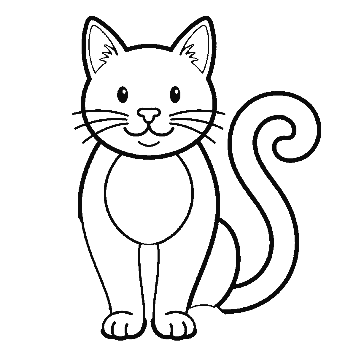 Passo 5 di 6: Scheda di disegno passo passo: un gatto seduto, visto di fronte, con due occhi rotondi e le pupille piene, i baffi, un sorriso e una lunga coda arrotolata a spirale dietro di sé, contorni neri su bianco.