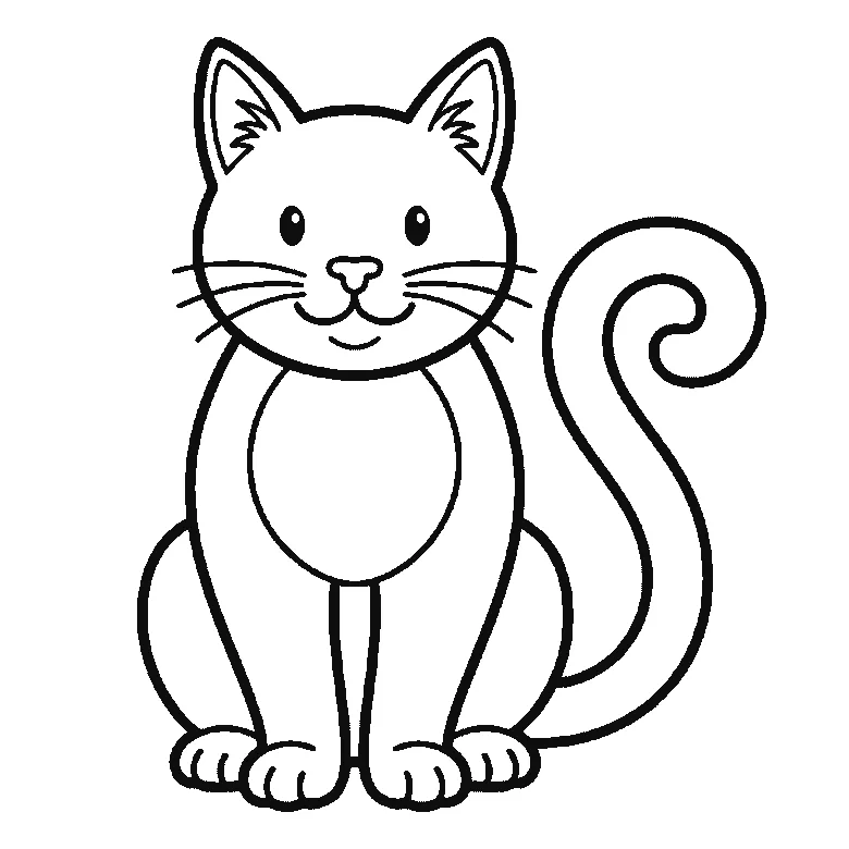Scheda di disegno passo passo: un gatto seduto, visto di fronte, con due occhi rotondi e le pupille piene, i baffi, un sorriso e una lunga coda arrotolata a spirale dietro di sé, contorni neri su bianco.