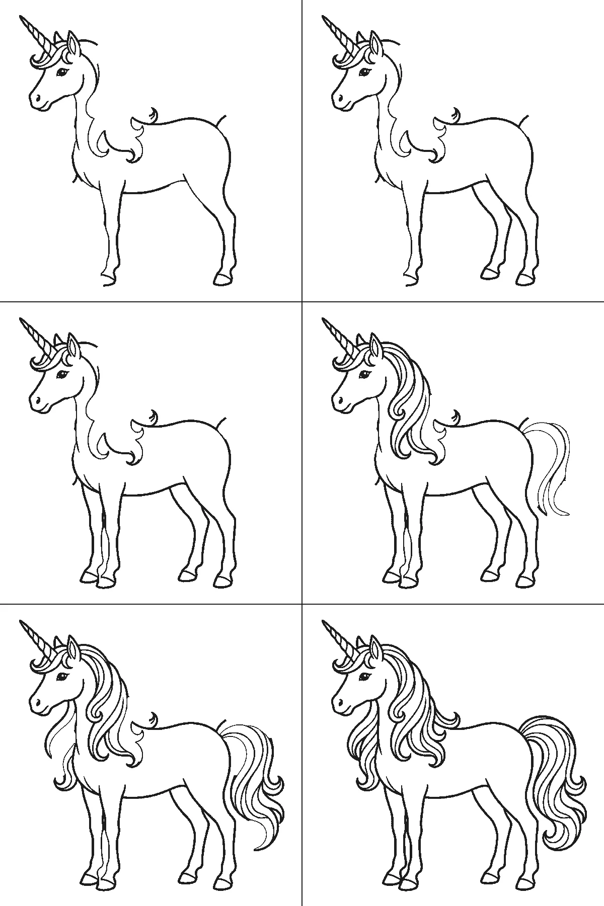 Scheda di disegno passo passo: un unicorno in piedi di profilo, con un occhio rotondo e la pupilla piena, un singolo corno a spirale, una criniera fluente e una coda fluente, contorni neri su bianco.