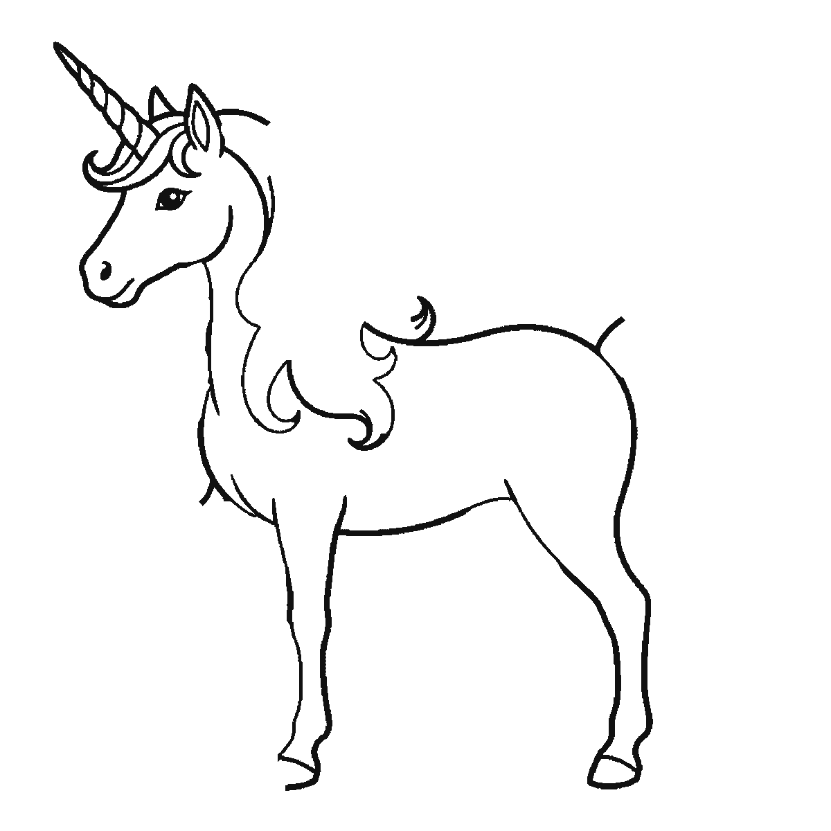 Passo 1 di 6: Scheda di disegno passo passo: un unicorno in piedi di profilo, con un occhio rotondo e la pupilla piena, un singolo corno a spirale, una criniera fluente e una coda fluente, contorni neri su bianco.