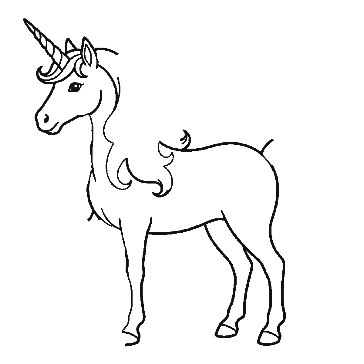 Passo 2 di 6: Scheda di disegno passo passo: un unicorno in piedi di profilo, con un occhio rotondo e la pupilla piena, un singolo corno a spirale, una criniera fluente e una coda fluente, contorni neri su bianco.