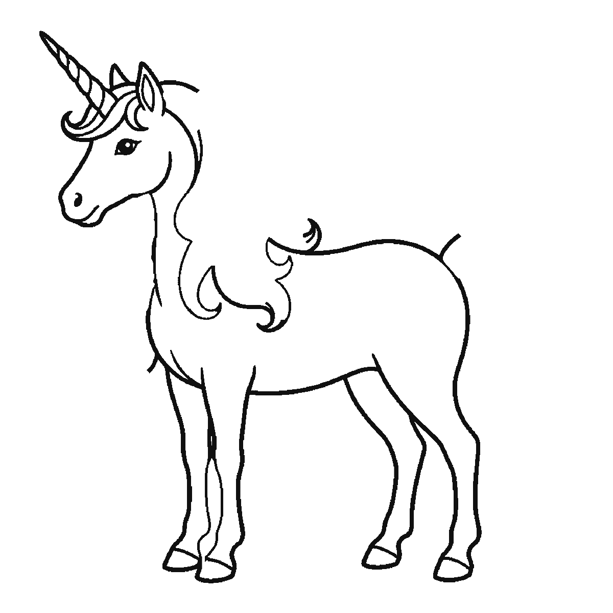 Passo 3 di 6: Scheda di disegno passo passo: un unicorno in piedi di profilo, con un occhio rotondo e la pupilla piena, un singolo corno a spirale, una criniera fluente e una coda fluente, contorni neri su bianco.