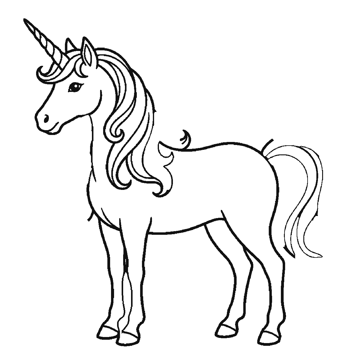 Passo 4 di 6: Scheda di disegno passo passo: un unicorno in piedi di profilo, con un occhio rotondo e la pupilla piena, un singolo corno a spirale, una criniera fluente e una coda fluente, contorni neri su bianco.